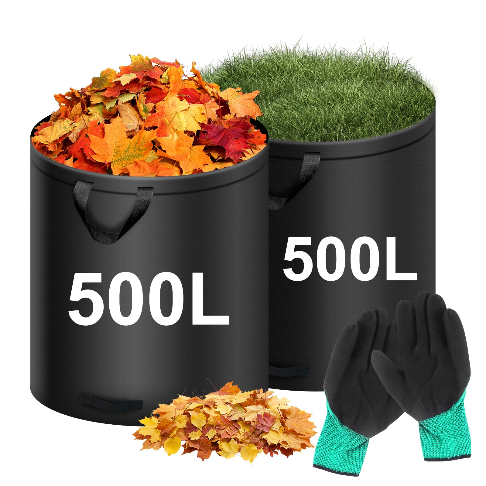 2 bolsas de basura de jardín reutilizables de 500 l, con asas, de pie, impermeables, plegables, incluye guantes, bolsas de hojas grandes y estables, para residuos de jardín y cortes verdes