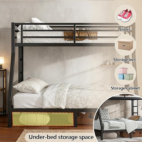 Miniatura 3 de Bellemave Litera individual sobre tamaño matrimonial con escaleras, marco de literas de metal con barandillas de longitud completa, litera