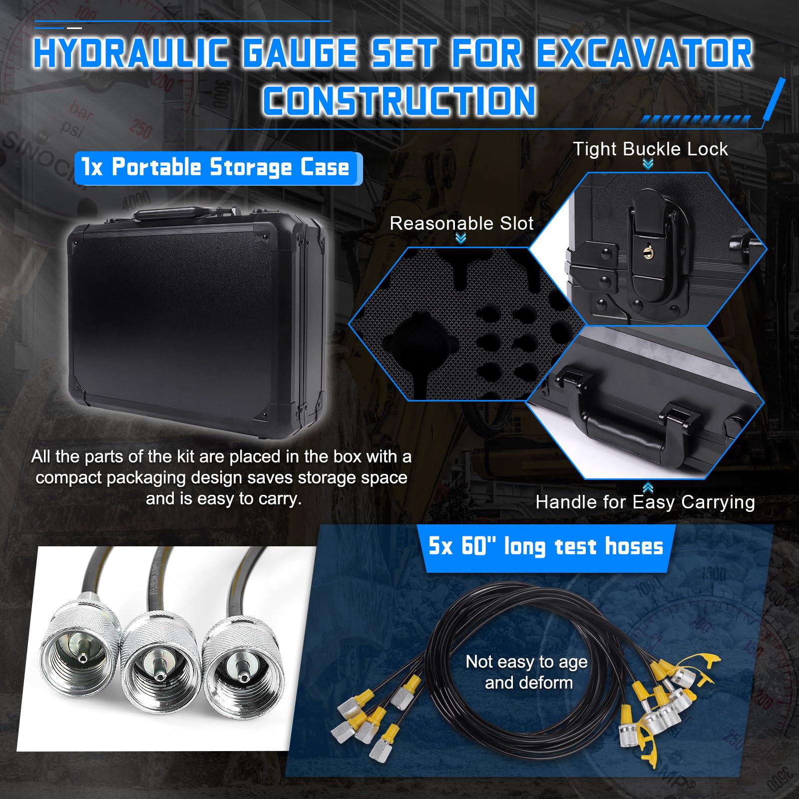 Kit de manomètre de pression hydraulique avec 5 manomètres, 3 tuyaux de test et 24 raccords
