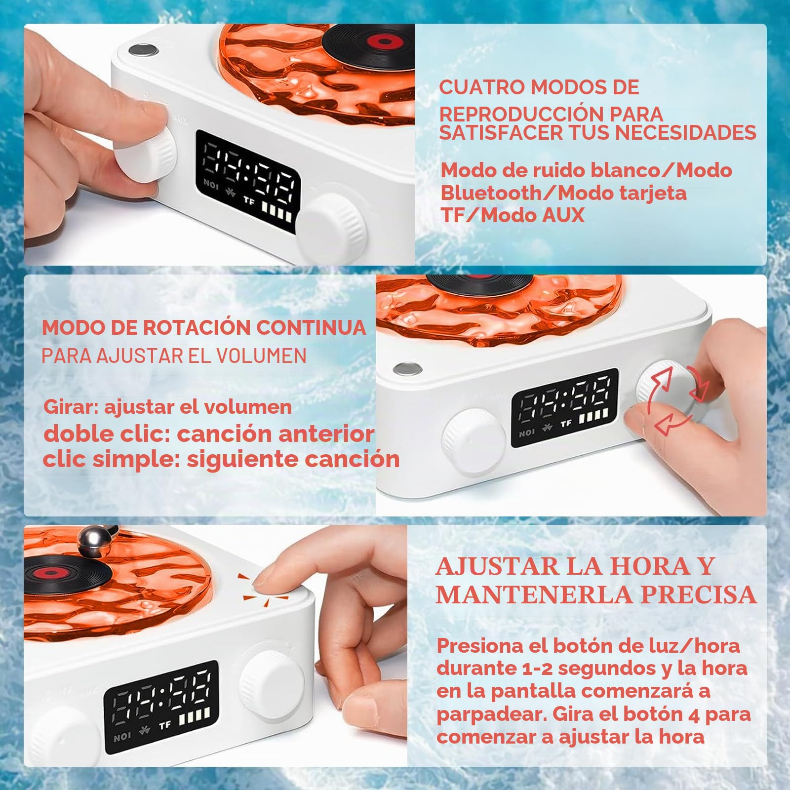 Reproductor de vinilo The Waves Mini altavoz retro de ruido blanco portátil con 4 sonidos de la naturaleza, altavoz portátil de ondas con luz RGB (rosa)