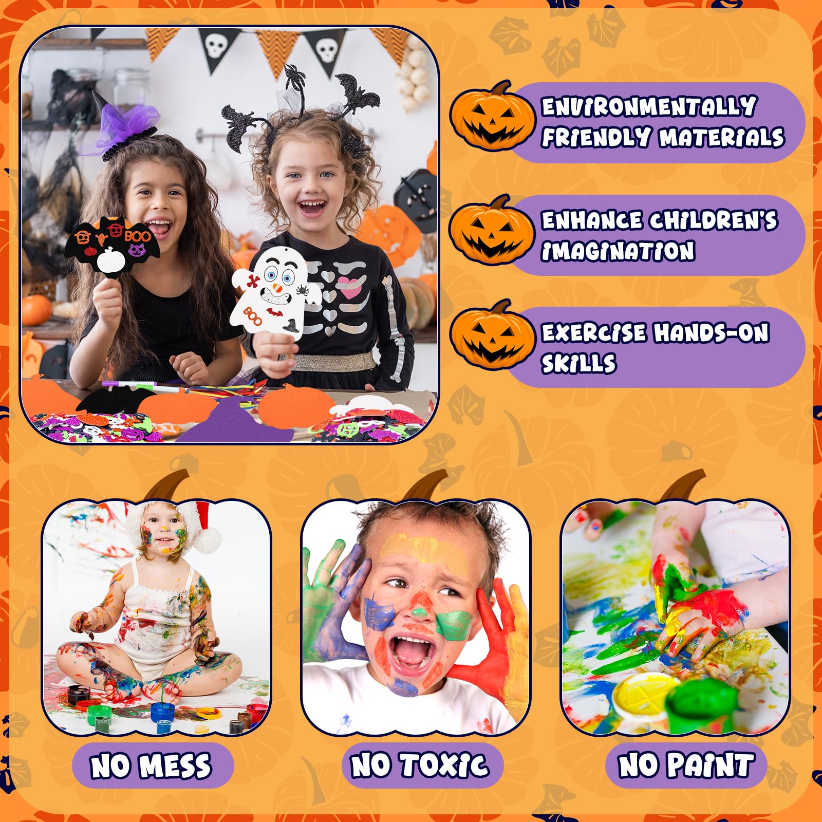 GOMANCHE 290Pcs Halloween Crafts for Kids, Bulk Halloween Foam Pumpkins, Bat, Ghost & Witch Hat Hanging Ornaments - Image 3