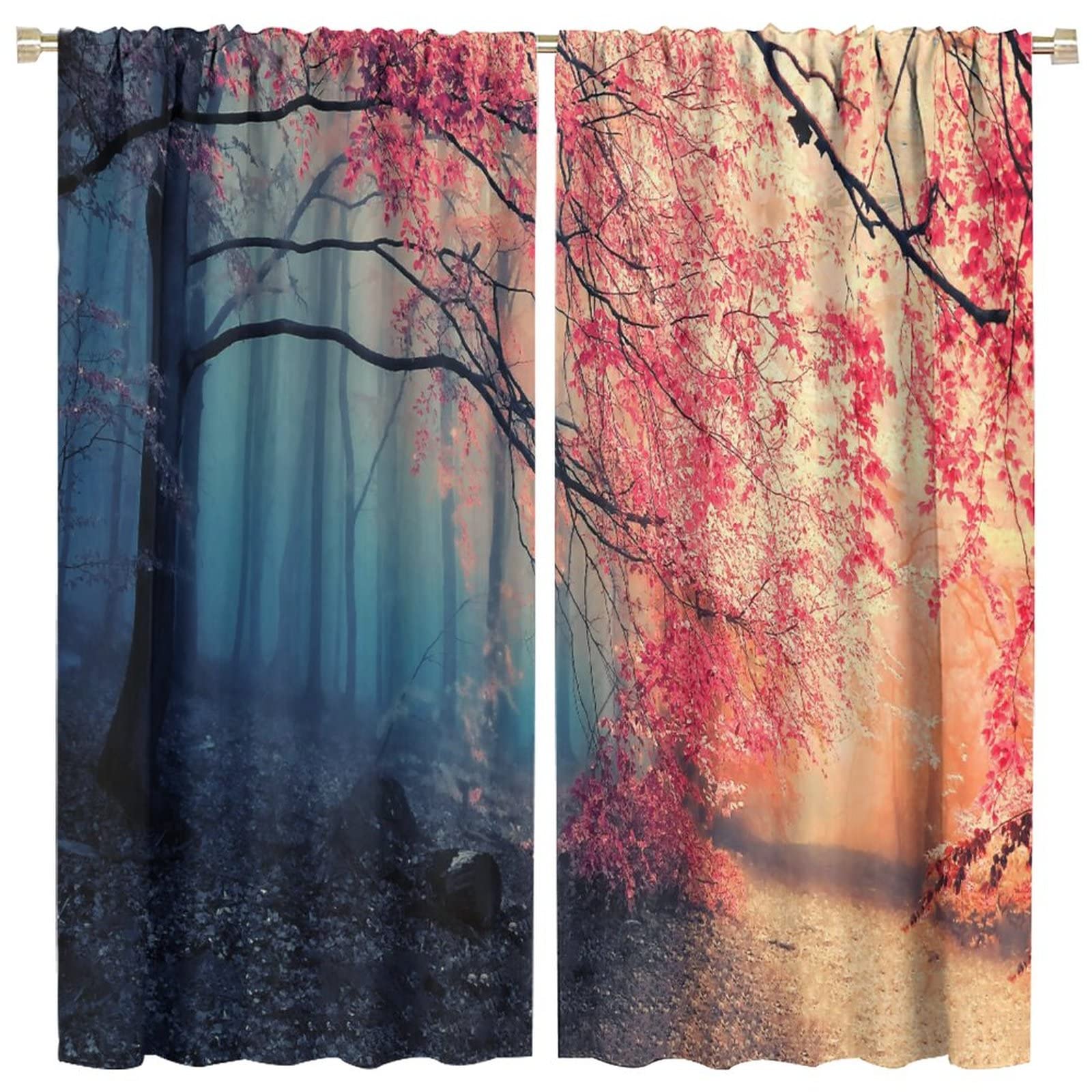 JESTRONRY Forest Kitchen Curtains,Misty Forest Landscape Print Pattern Blackout Window Door Curtains for Bedroom Living Room Home Decor,2 Panel Set W42xL45in