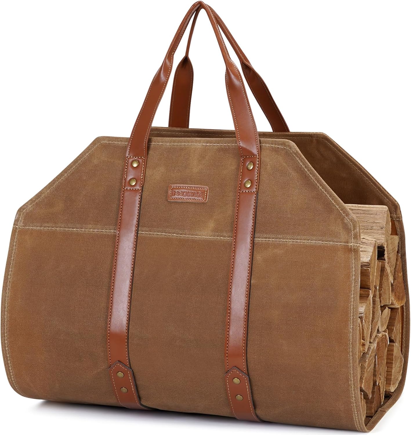 INNO STAGE Log Carrier|Waxed Canvas Log Holder|Firewood Carrier Tote Bag|Fireplace Wood Stove Accessories-Khaki