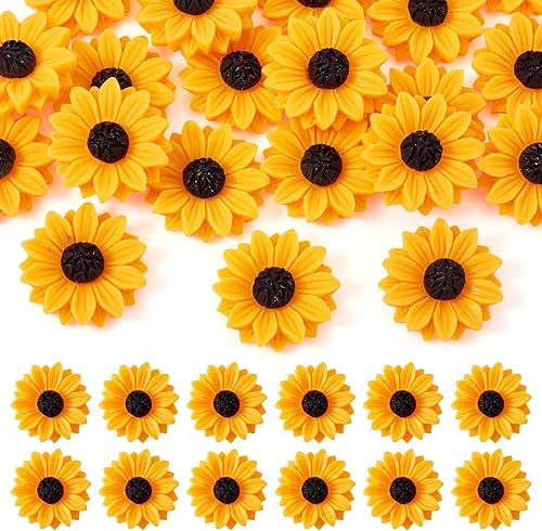 Beadthoven - Juego de 20 piezas de cabujones de girasol de resina plana de 1.18 pulgadas sin perforar, para adornos de joyas, suministros para