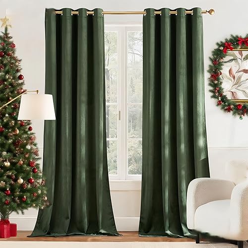 YADEEDY Olive Green Velvet Curtains 120 inchs Length 2 Panels, Green Curtains fo