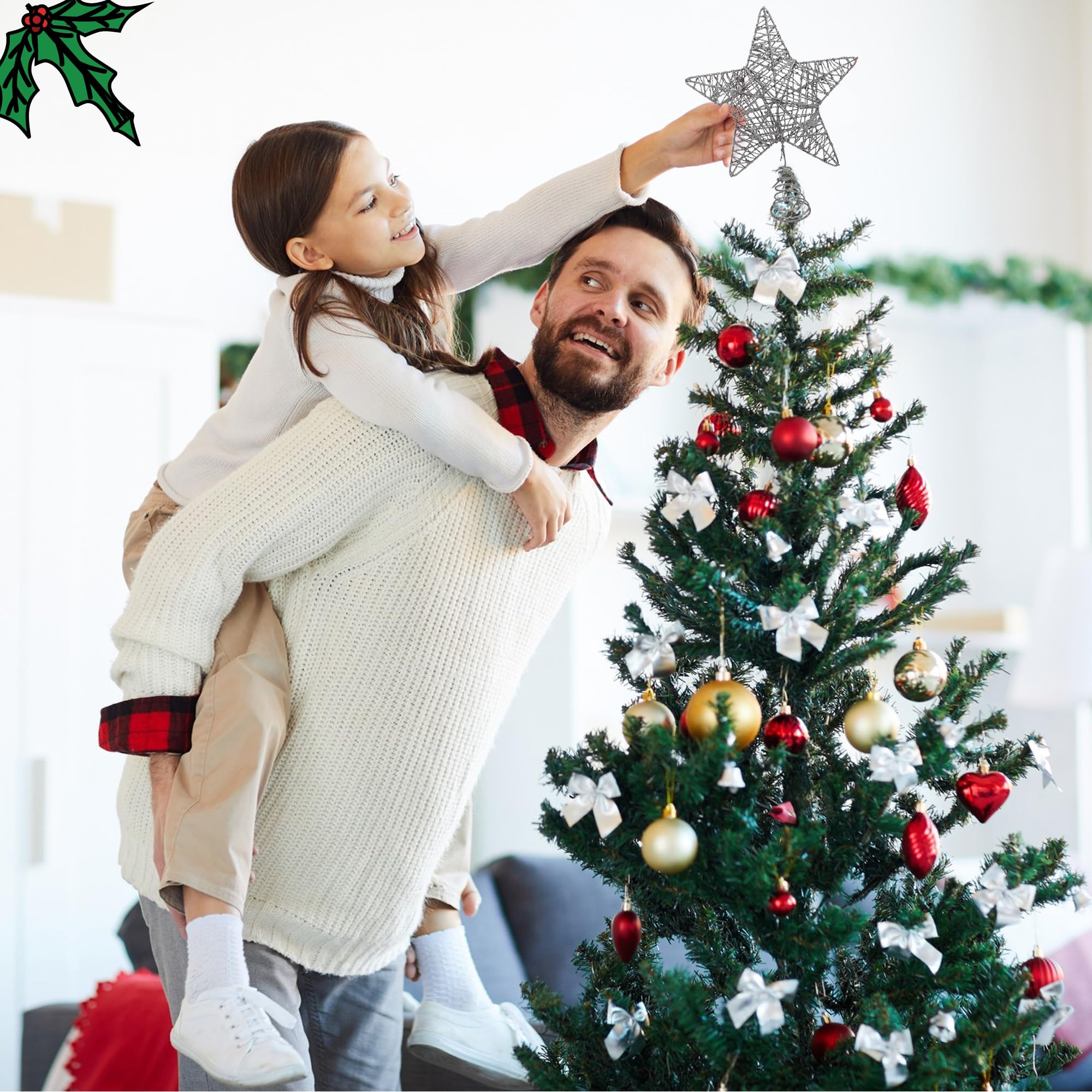 Silver Star Christmas Tree Topper Christmas Tree Glitter Star for Decorations Xmas Tree Decs, 25cm - Image 2