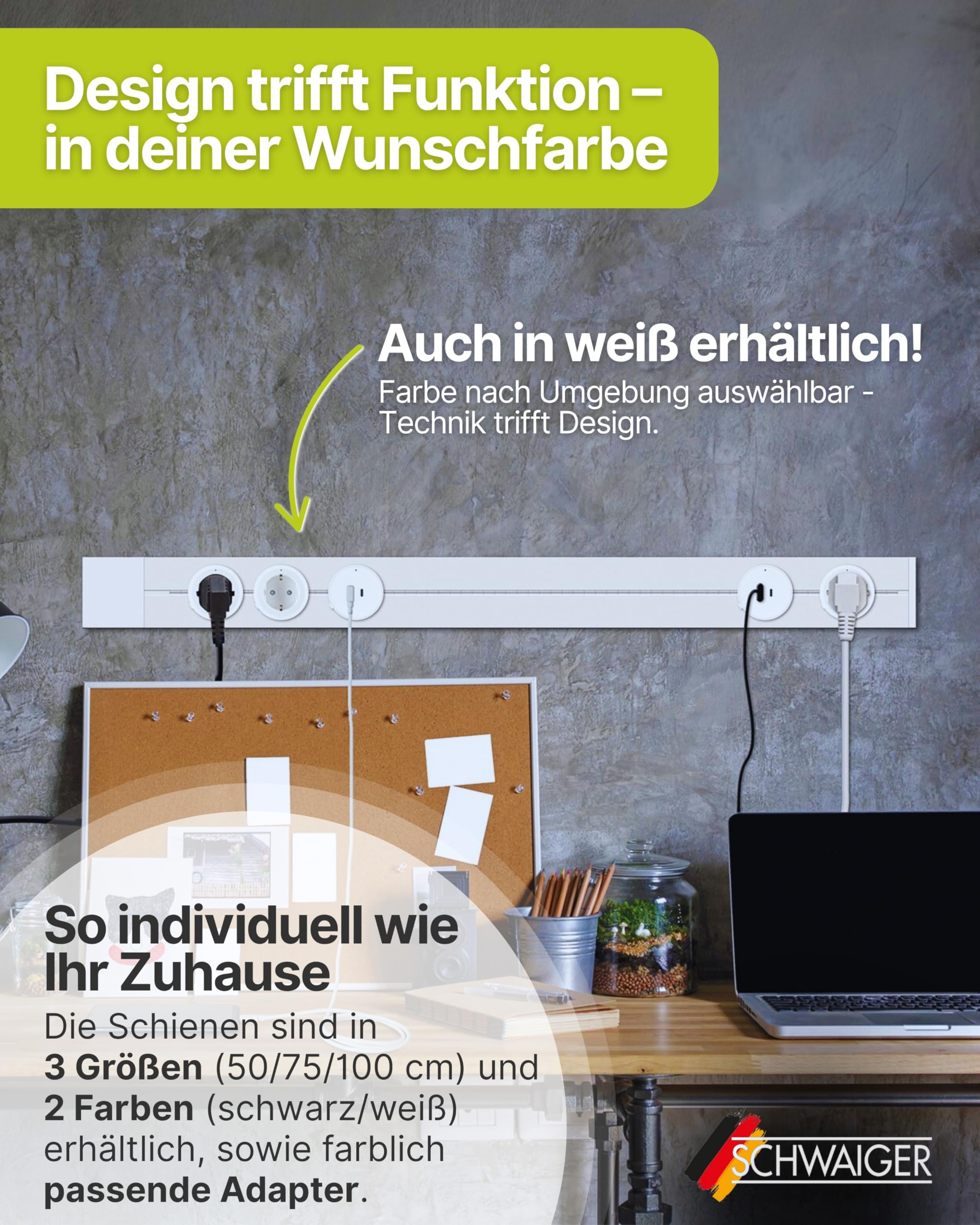 SCHWAIGER Konfigurierbare Steckdosenleiste I 50 cm in Schwarz I Stromschiene im Alu-Design für modulare Steckdosen I Individuell einstellbar I VDE geprüft & perfekt für Küche, Büro & Werkstatt