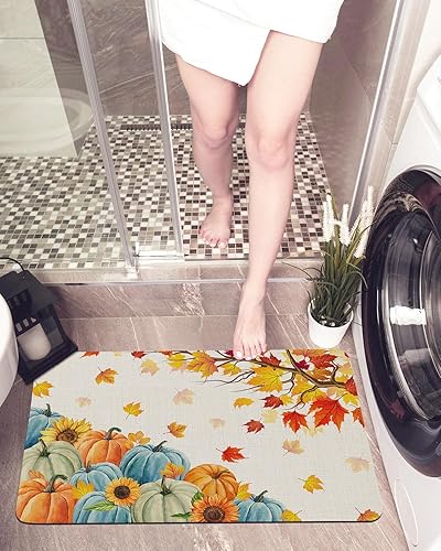 Miniatura 1 de Fall Bathroom Rug Blue Orange Pumpkin Sunflower Autumn Bath Mat Water and Non-Slip Bathroom Mat, Washable Bath Mats for Bathroom Floor, Sink,