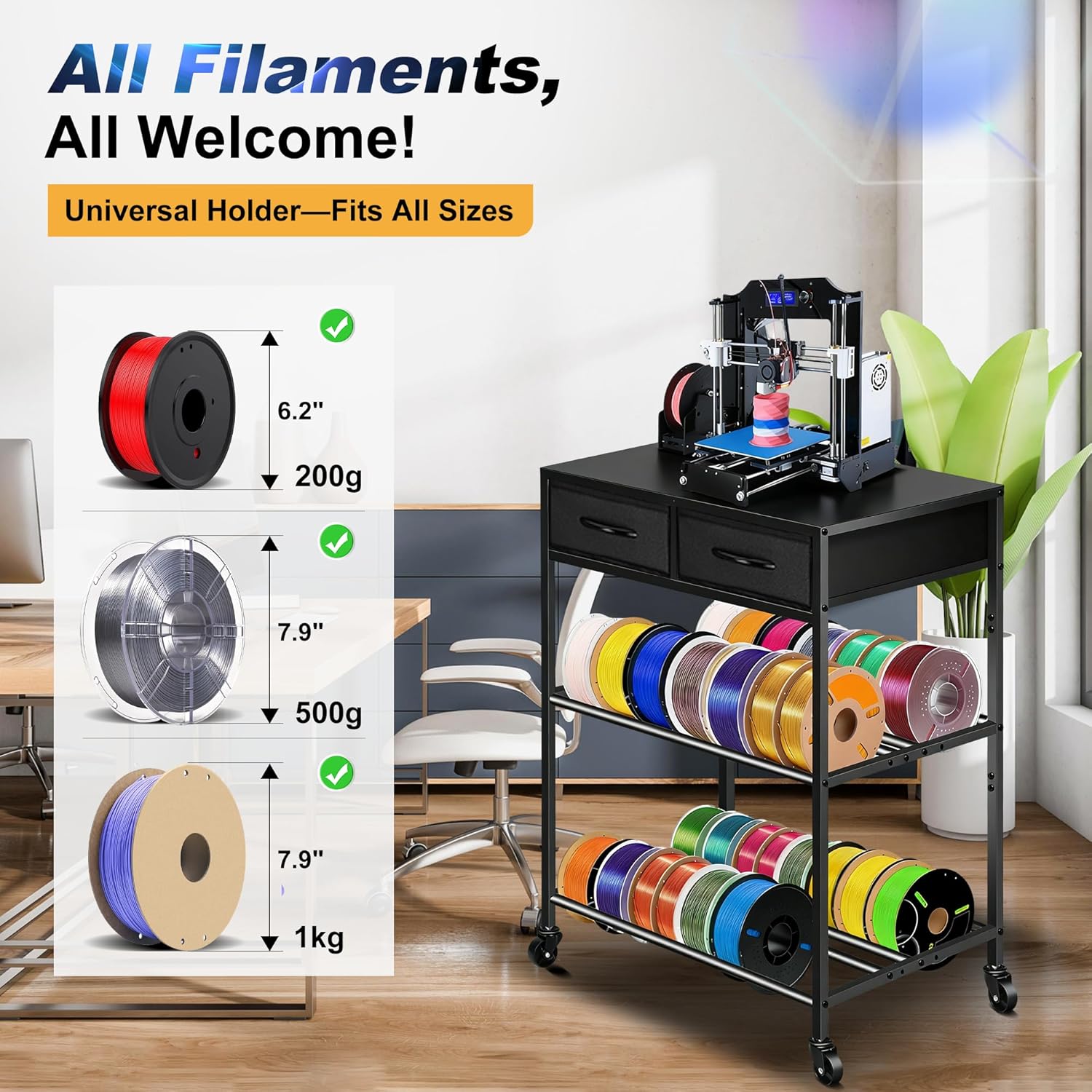 3D Printer Filament Storage Rack with Drawers, 3Tier Metal Filament Spool Holder with Wheels, 3D Printer Filament Stand for PLA/ABS/TPU/Nylon, Filaments Organzied for Workshop Studio Office, Black