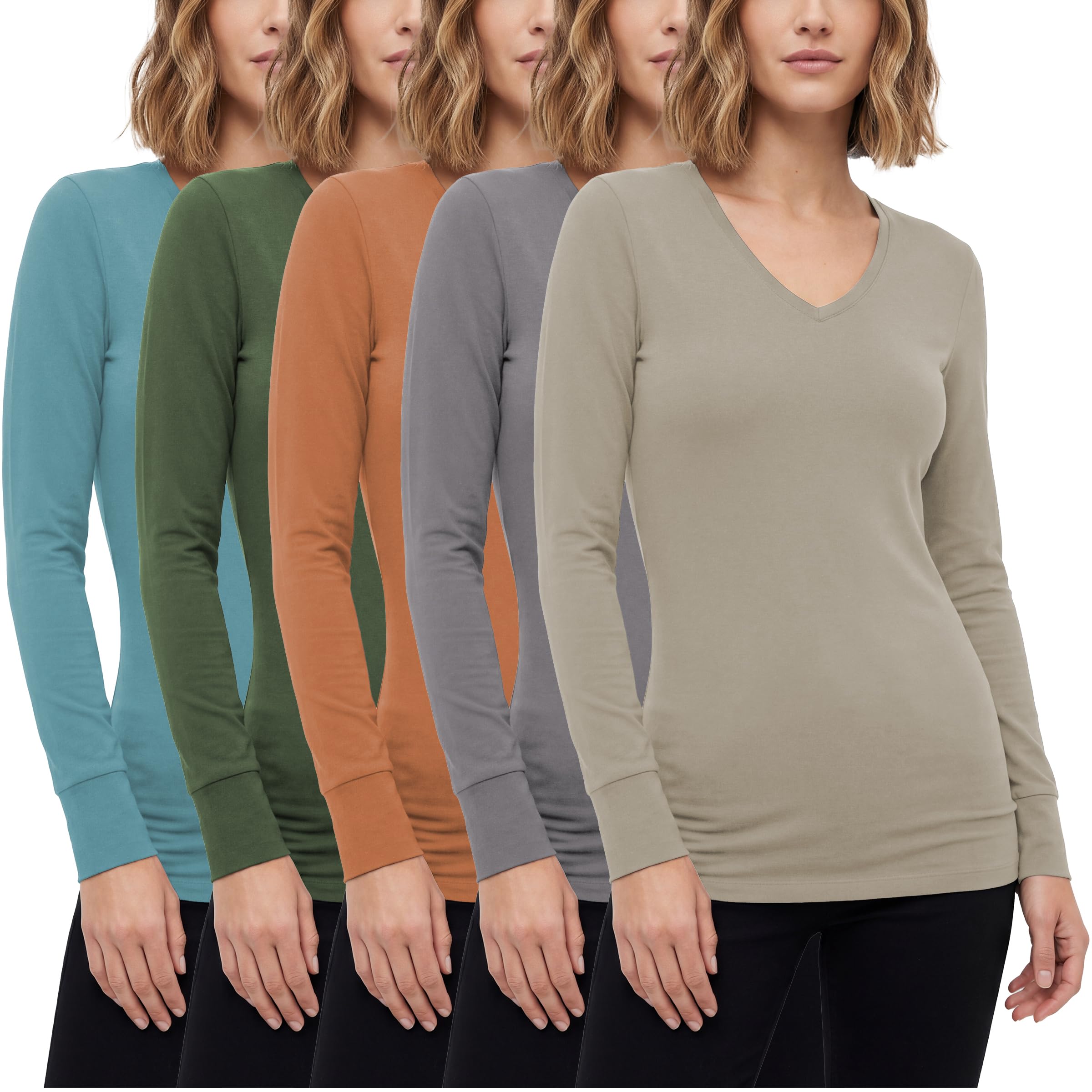 Sexy Basics Women's Cotton Stretch Long Sleeve V- Neck Athletic Tops | Casual & Active Color T Shirts | Multi Packs
