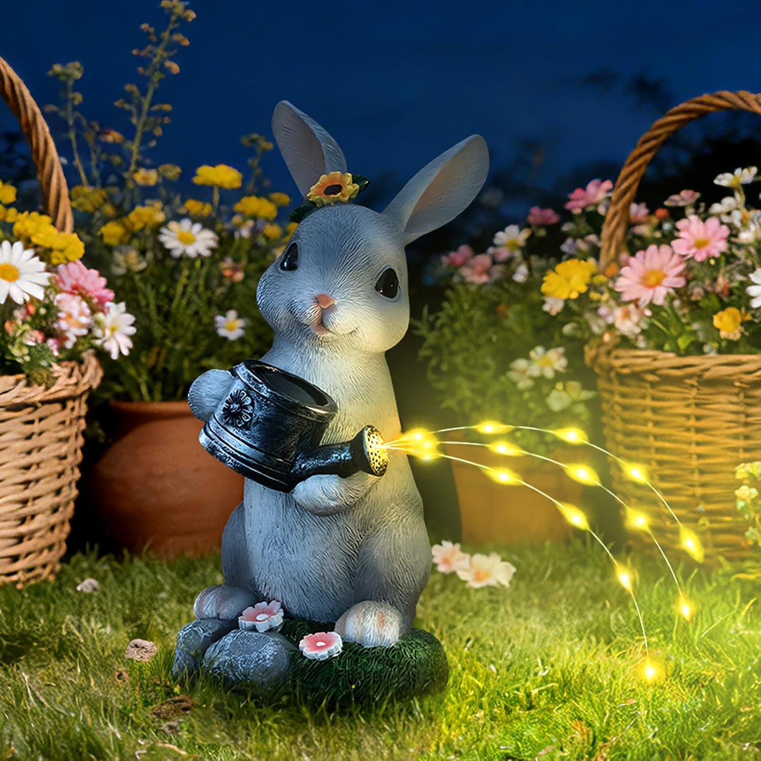 Solar Garden Decor Watering Bunny Statues Outdoor, Outdoor Sculpture Figurine Statue Lights, Outdoor Garden Yard Lawn Patio Decoration, Unique House Warming Birthday Present for Women Family