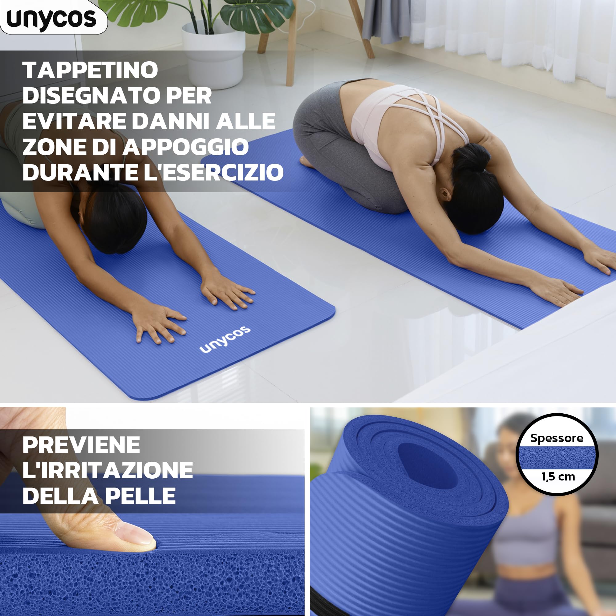 unycos - Tappetino Antiscivolo da Yoga, Pilates e Ginnastica Extra Spesso 10/15 mm, Materassino Fitness con E-Book, Schiuma NBR/Poliestere, Antiscivolo con Borsa a Tracolla, Tappeto per Allenamento