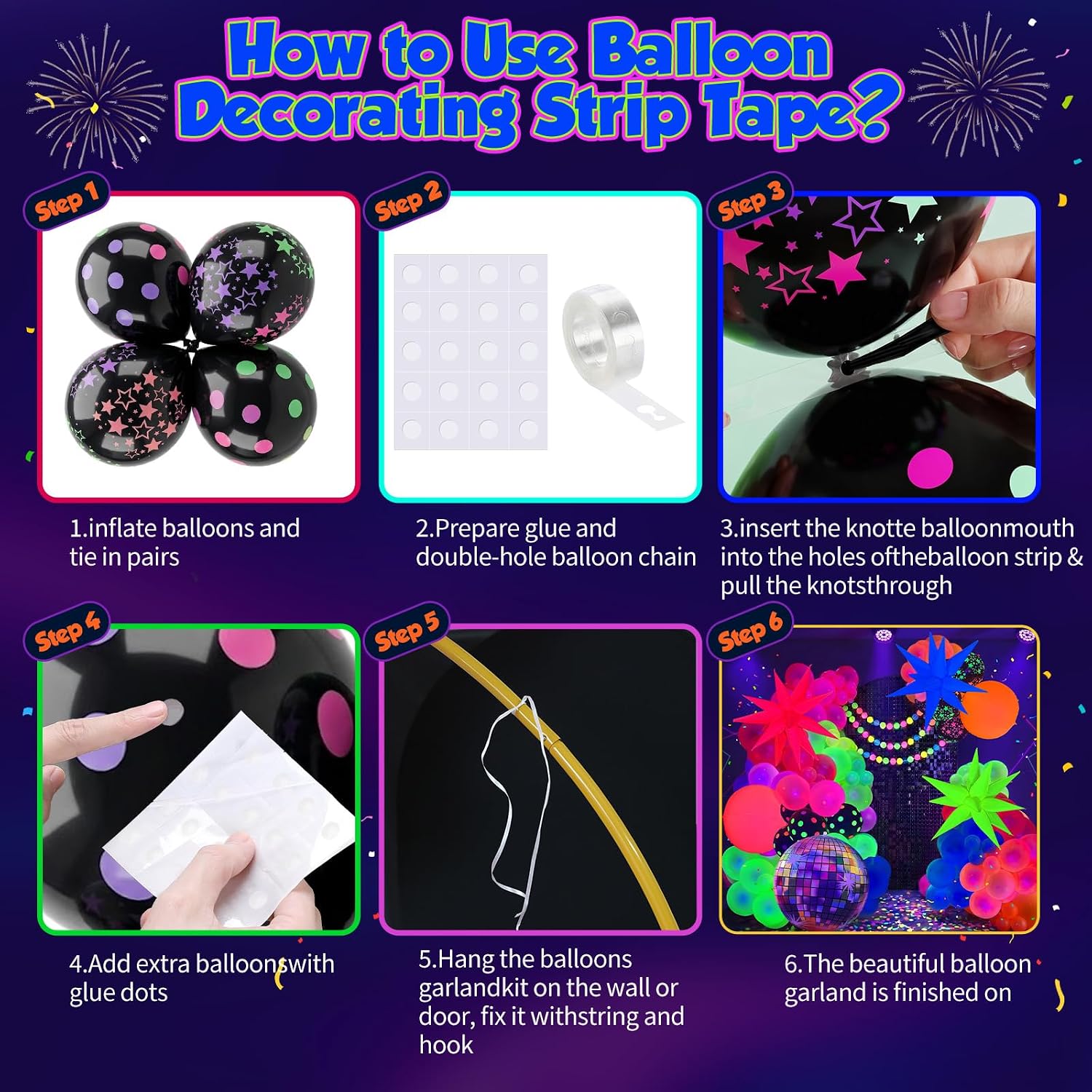 UV Neon Foil Balloons Kit Star Cone Circular Glow Party Supplies thumbnail