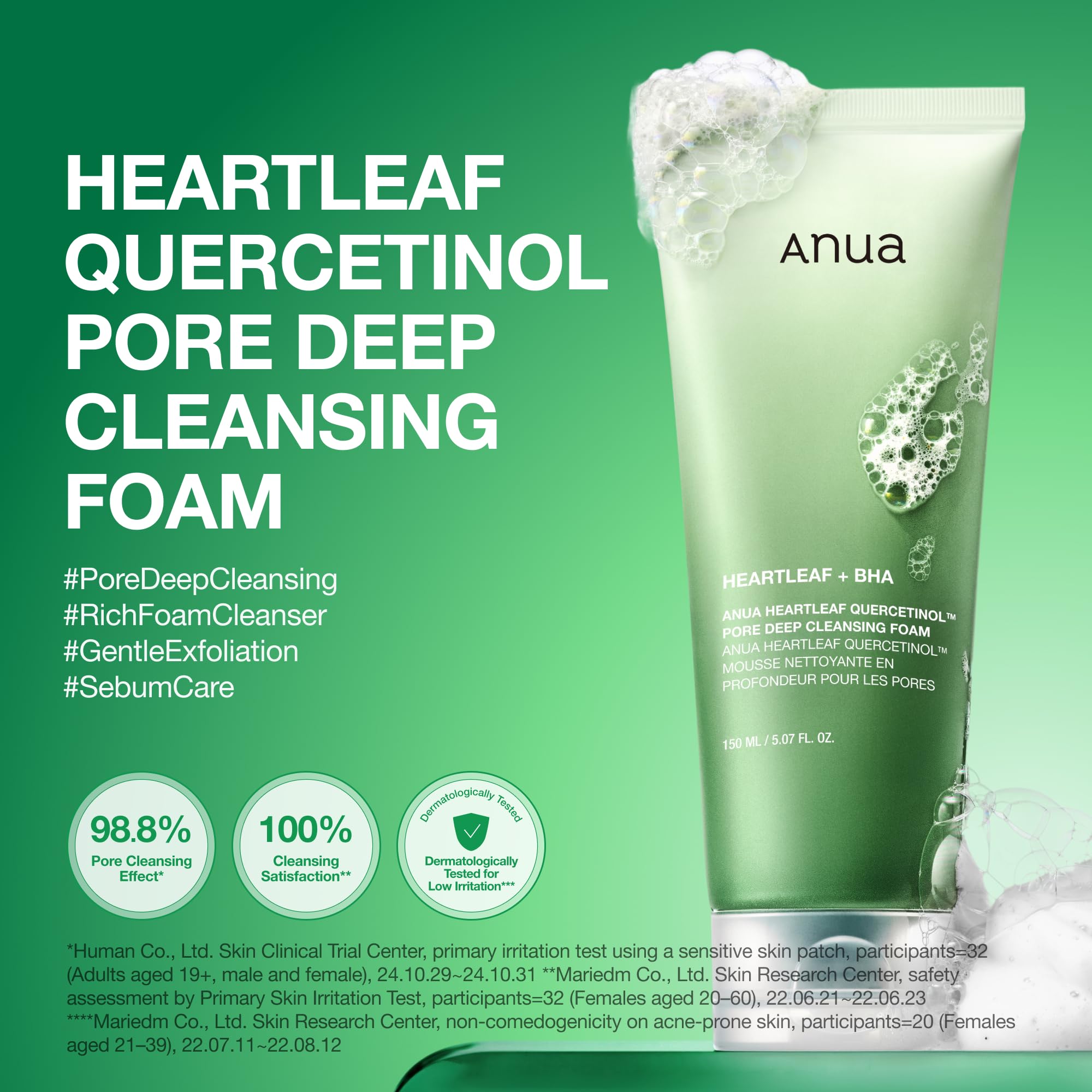 Anua Heartleaf Quercetinol Pore Deep Cleansing Foam, Face wash for Pore Refining Cleanser, Hydrating Daily Facial Cleanser For Double Cleansing, Gentle Foaming with BHA, Korean Skincare, 5.07 fl.oz.