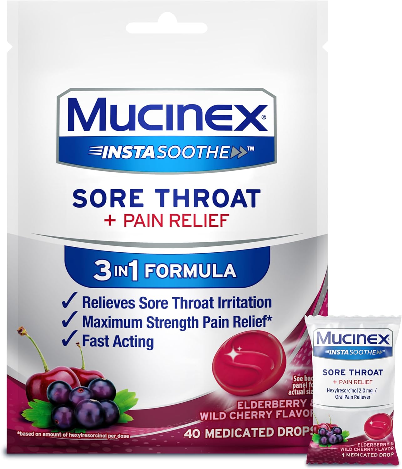 Mucinex Instasoothe Sore Throat Relief, Sore Throat Lozenges, Sore Throat Medicine with Hexylresorcinol, Cough Drops Alternative, 40 Elderberry & Wild Cherry Medicated Numbing Throat Drops Mucinex Instasoothe Sore Throat Relief, Sore Throat Lozenges, Sore Throat Medicine with Hexylresorcinol, Cough Drops Alternative, 40 Elderberry & Wild Cherry Medicated Numbing Throat Drops