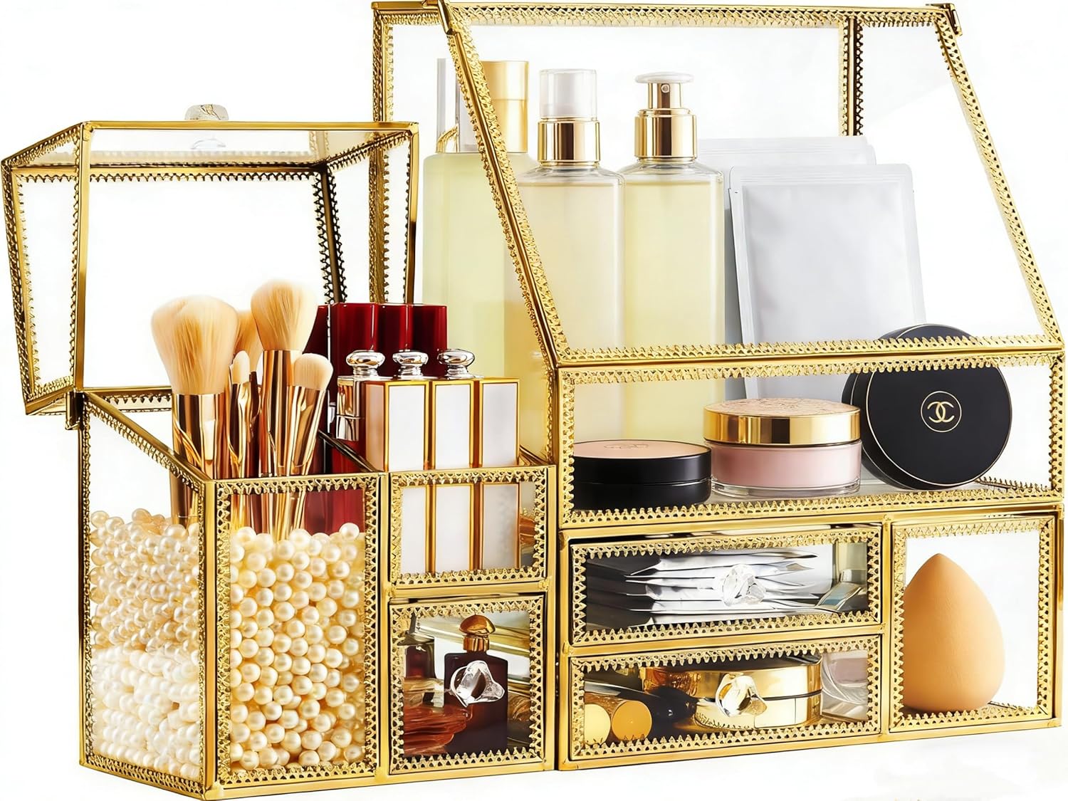 Hersoo Luxury Stackable Glass Cosmetic Organizer 3-Piece Set-Durable,Premium Shatterproof Vanity Storage,Artisan-Design for High-End Bathroom&Makeup Counter Decor(gold) - Image 5