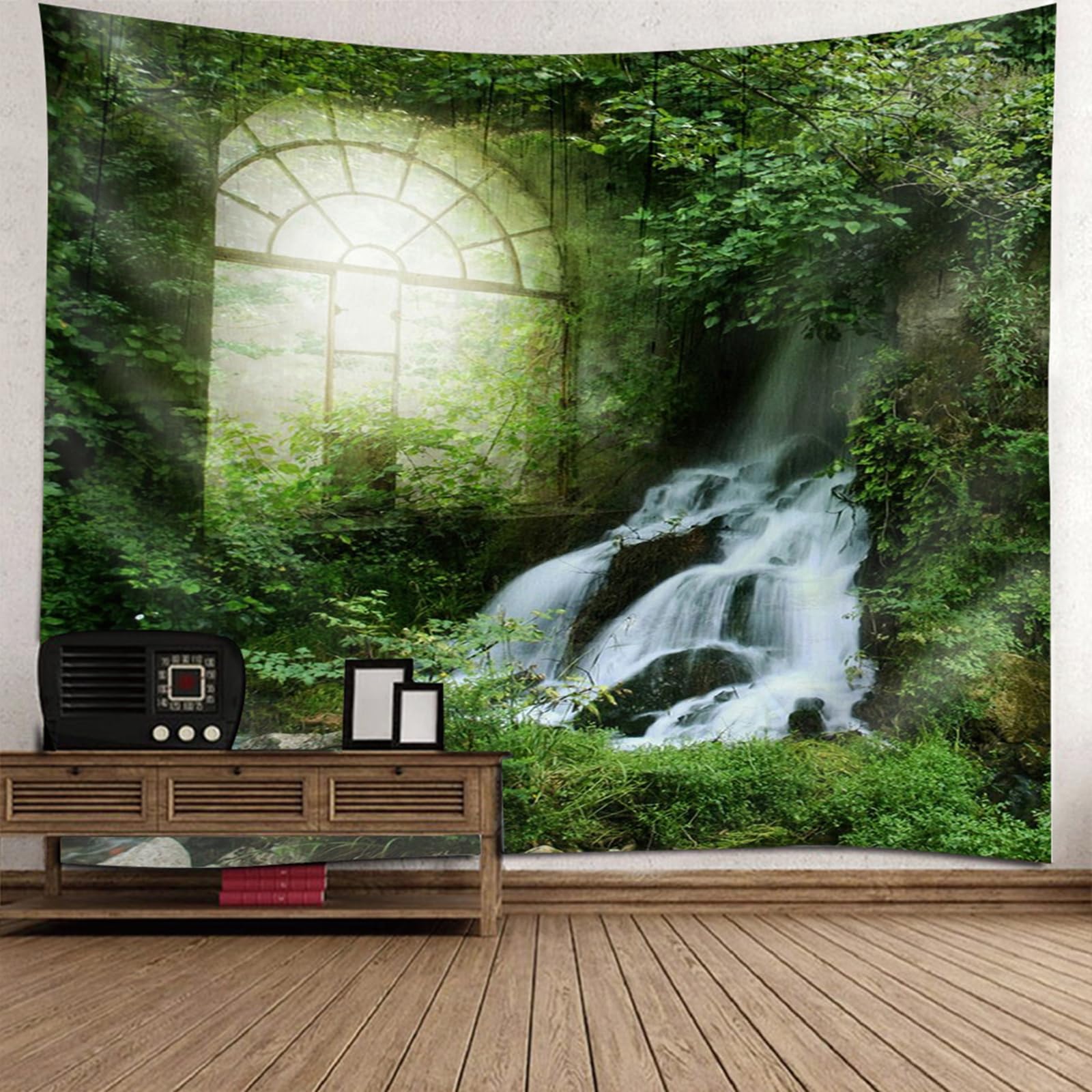 Gualiy Dywan ścienny 200 x 200 cm, ozdoba na ścianę, rośliny i wodospad, krajobraz, gobelin do sypialni, salonu, zielono-biały