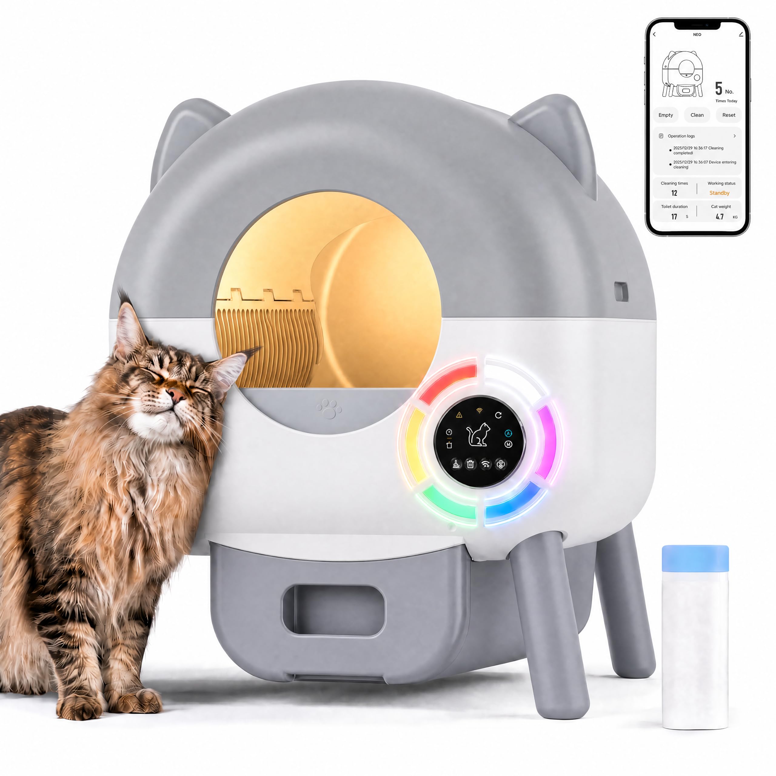 Lettiera Gatto Autopulente, Lettiera Autopulente per Gatti XXL 76 L con Controllo App, Antiodore, Sensori di sicurezza e Anti-pizzicamento, 6 Luci Notturne, Automatica Lettiera per Più Gatti