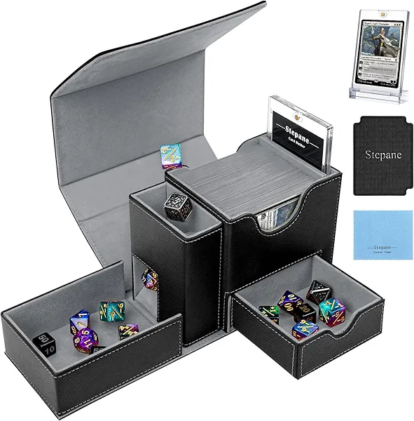 Stepane MTG Deck Box for Commander Display with Dice Tower, Fits 100 Double Sleeved Cards for TCG/PTCG, Cards Storage Case with Dice Tray and 35PT Magnetic Card Holder (Black/Grey)