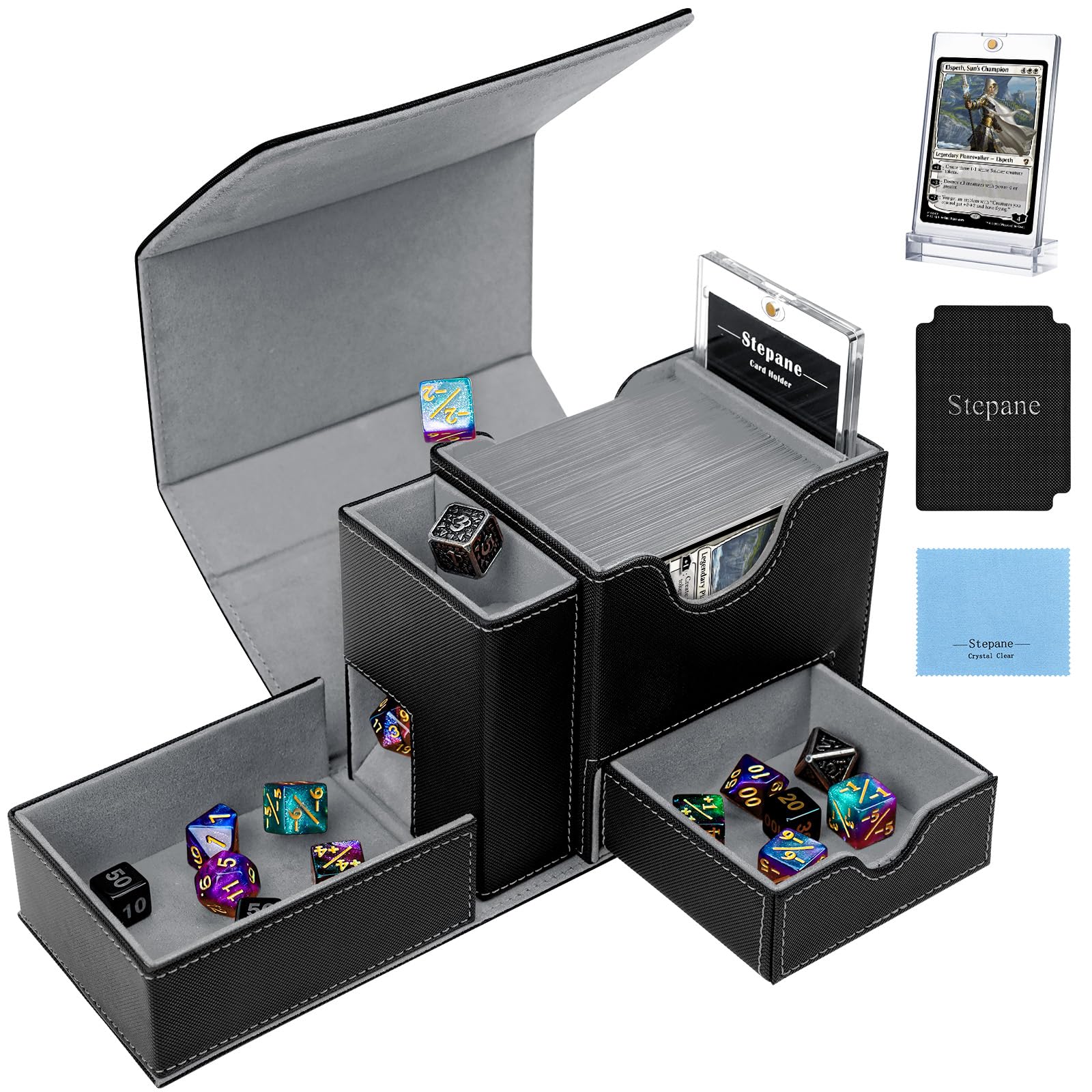 Stepane MTG Deck Box for Commander Display with Dice Tower, Fits 100 Double-Sleeved Cards for TCG/PTCG, Multifunctional Card Storage Box, with a 35PT Magnetic Card Holder (Black Gray)