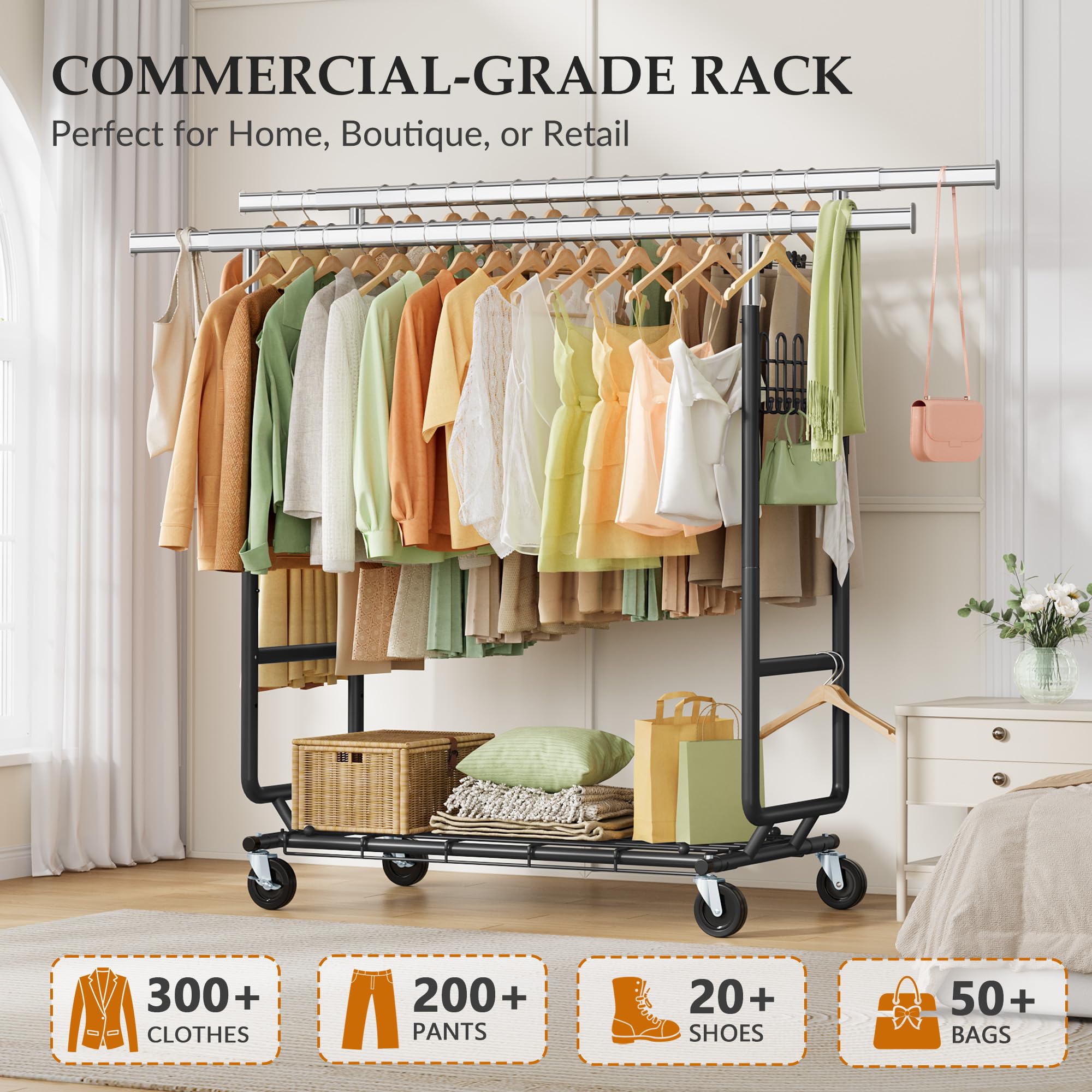 Gewudraw Burro de Ropa Resistente 408kg, Burro Ropa con Ruedas, Cromado