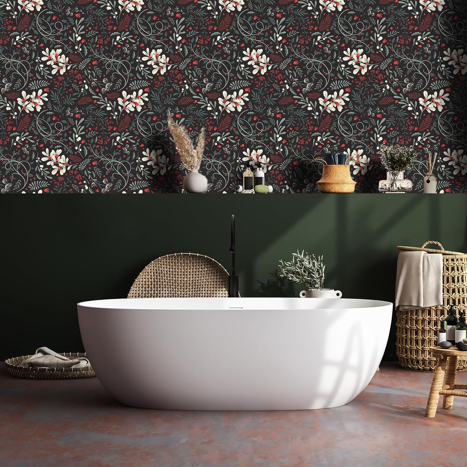 VaryStyle 17.7"x118" Black Floral Wallpaper Black/Green Leaf Floral Peel and Stick Wallpaper Dark Floral Contact Paper for Cabinets Walls Removable Self Adhesive Vinyl Wall Paper for Bedroom Bathroom