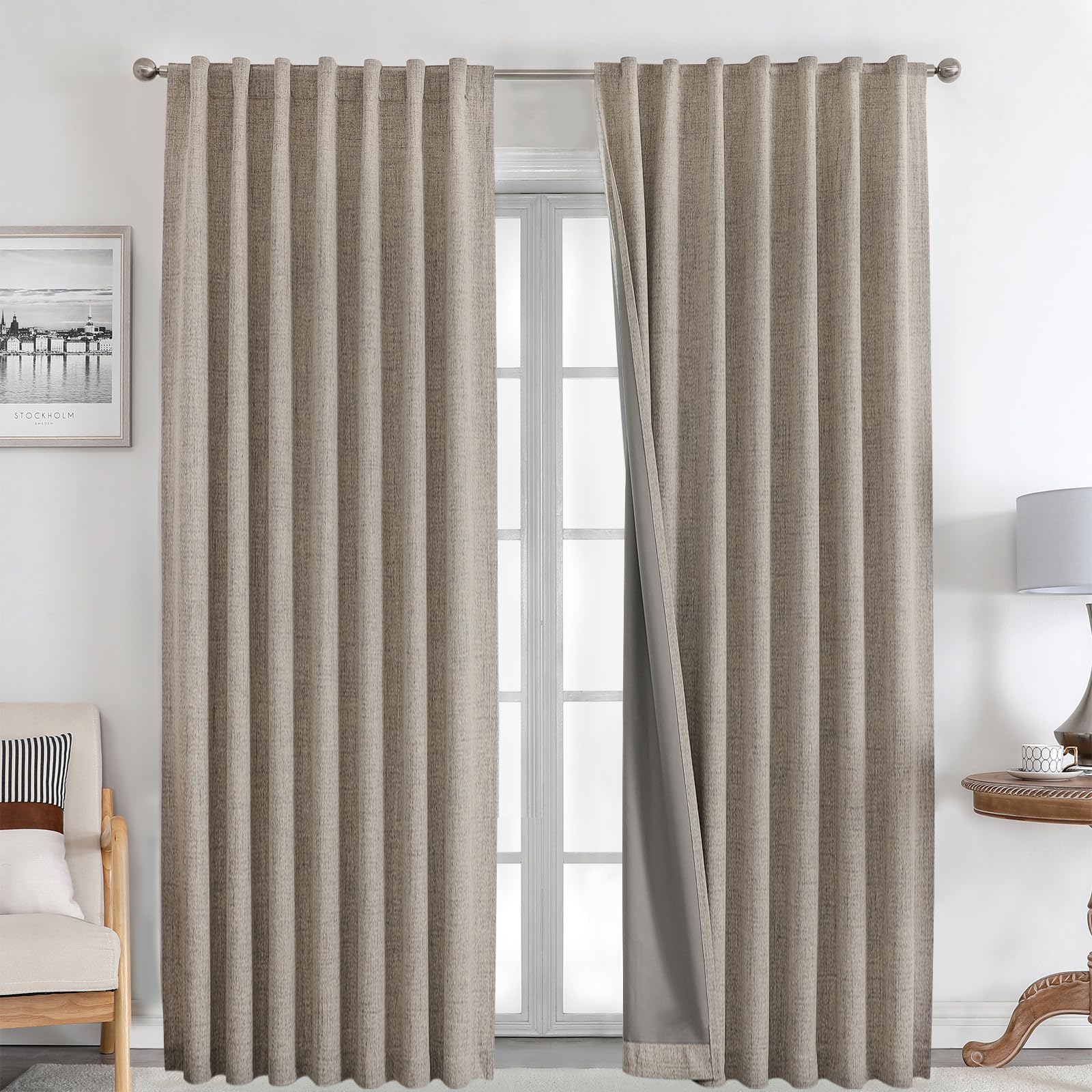 Joydeco 100% Cortinas Opacas 2 Piezas, Lino Cortinas Dormitorio con Pasadores Anti Luz Cortina Termica Aislantes Frio y Calor para Salon（2x260x140，Lino）
