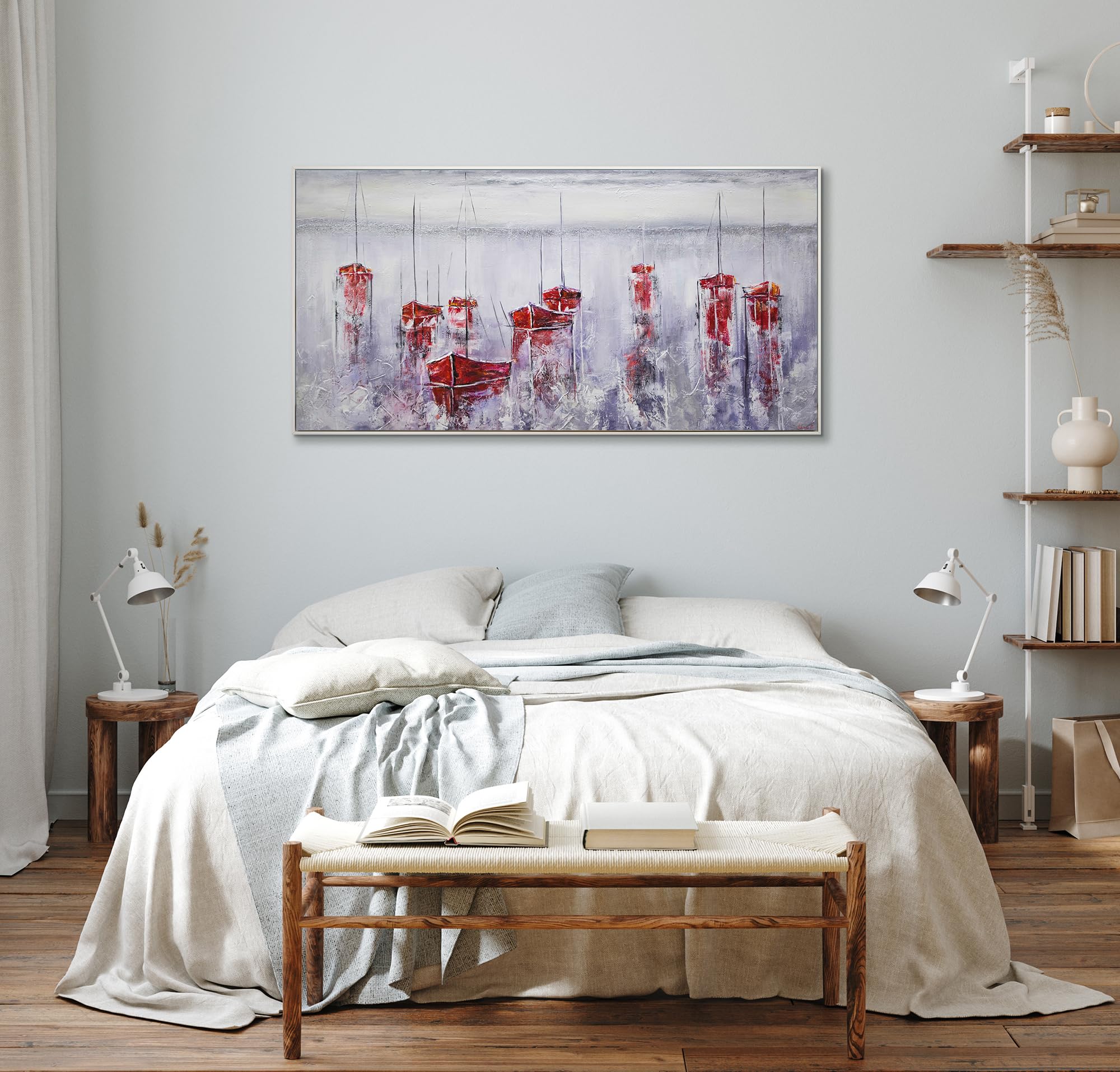 YS Tableau peinte à la main Un port tranquille Toile abstraite moderne voiliers rouges paysage marin brumeux Surface texturée avec cadre 160x80 cm