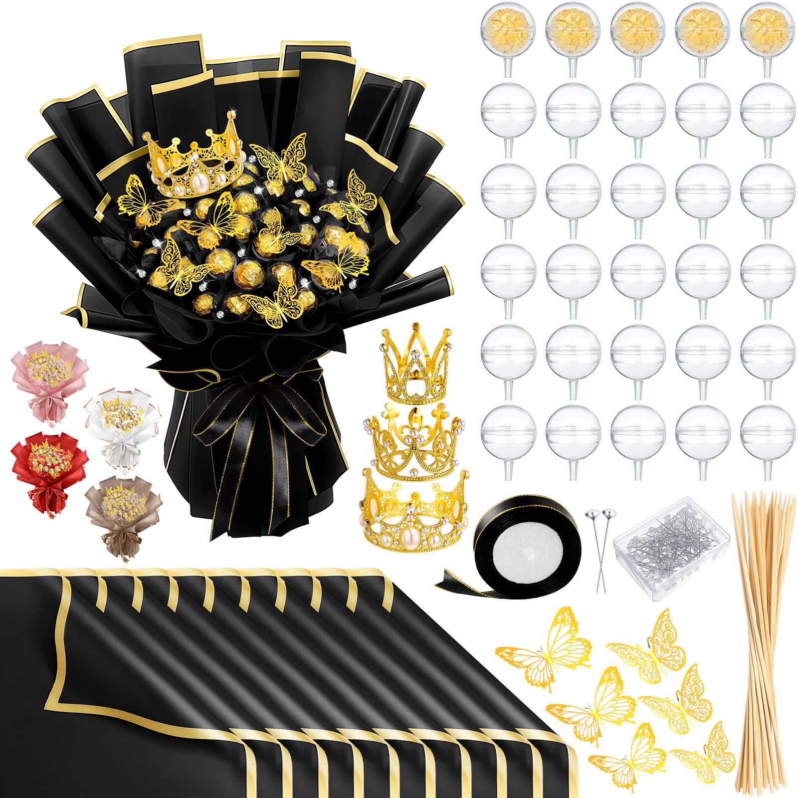 Funnymoom 109 Graduation DIY Chocolate Flower Bouquet Kit 2025 Candy Rose Clear Acrylic Lollipop Ball Holder Floral Wrapping Paper 3D Gold Butterfly Crown Ribbon Grad Gift(Black and Gold)
