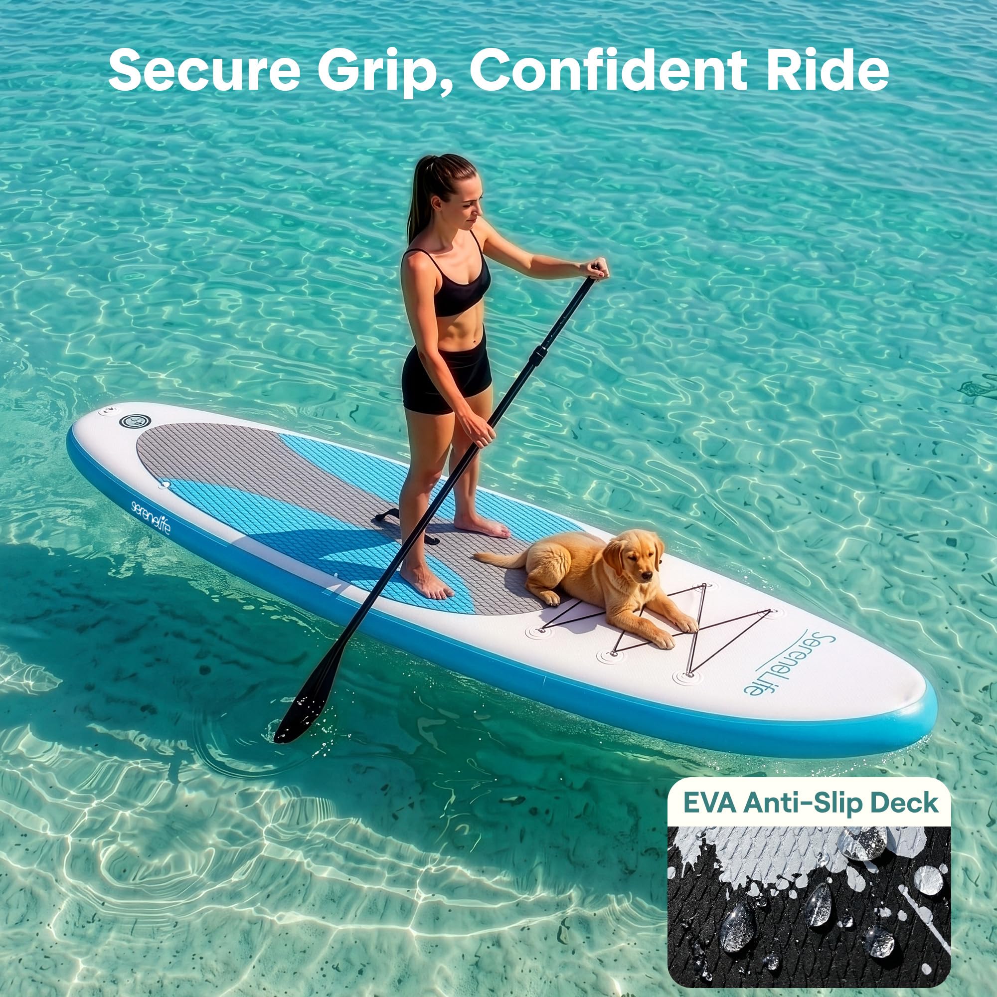 SereneLife Inflatable Stand Up Paddle Board, SUP Board- Paddleboards for Adults & Youth, Paddle Board Accessories,15.25 cm Thick Standup Paddleboarding, Non-Slip Deck, Wide Stance, Surf Control