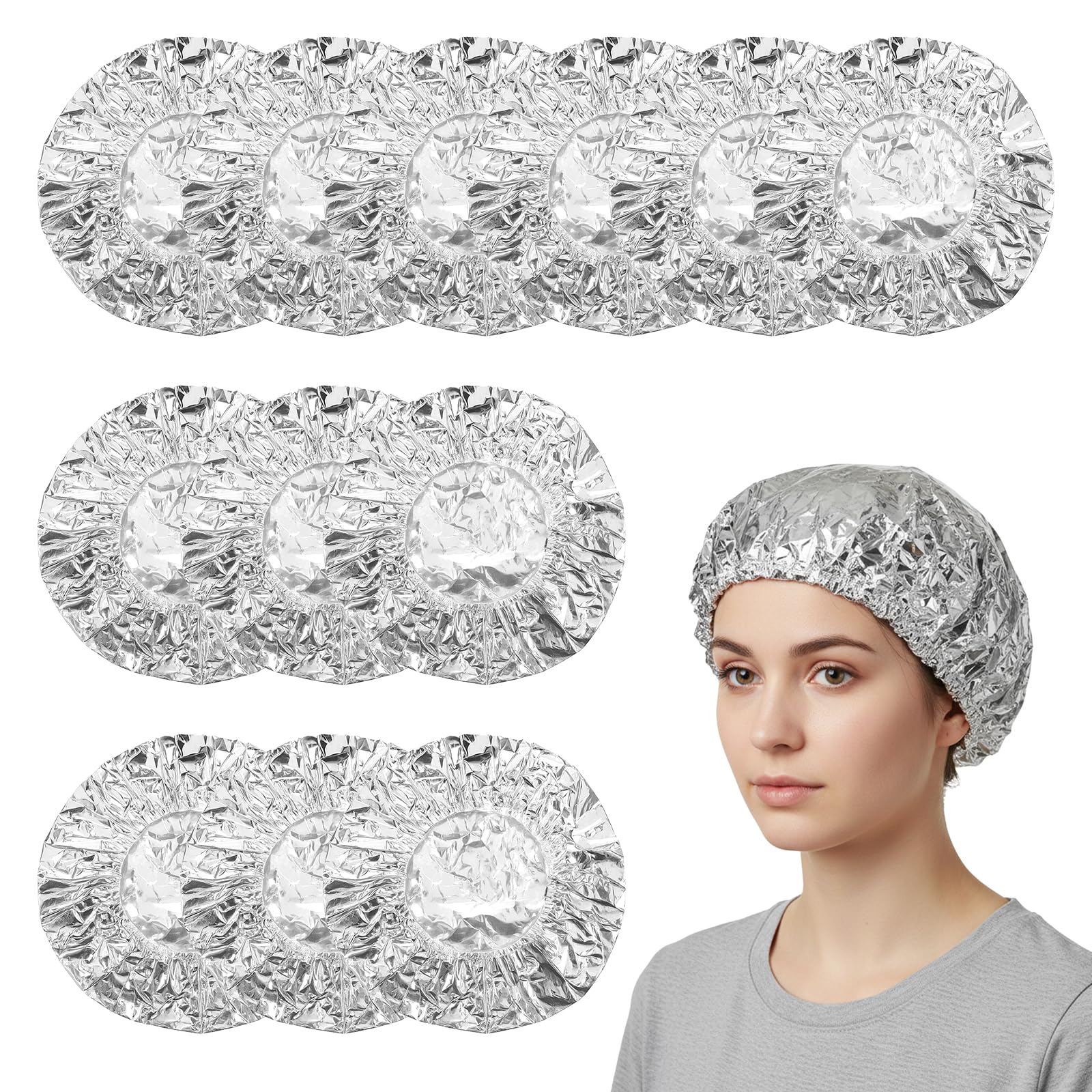 Photo 1 of 12 Pcs Aluminum Foil Deep Conditioning Hair Cap, Reusable Processing Heat Caps for Hair Elastic Silver Shower Caps for Home And Salon Use