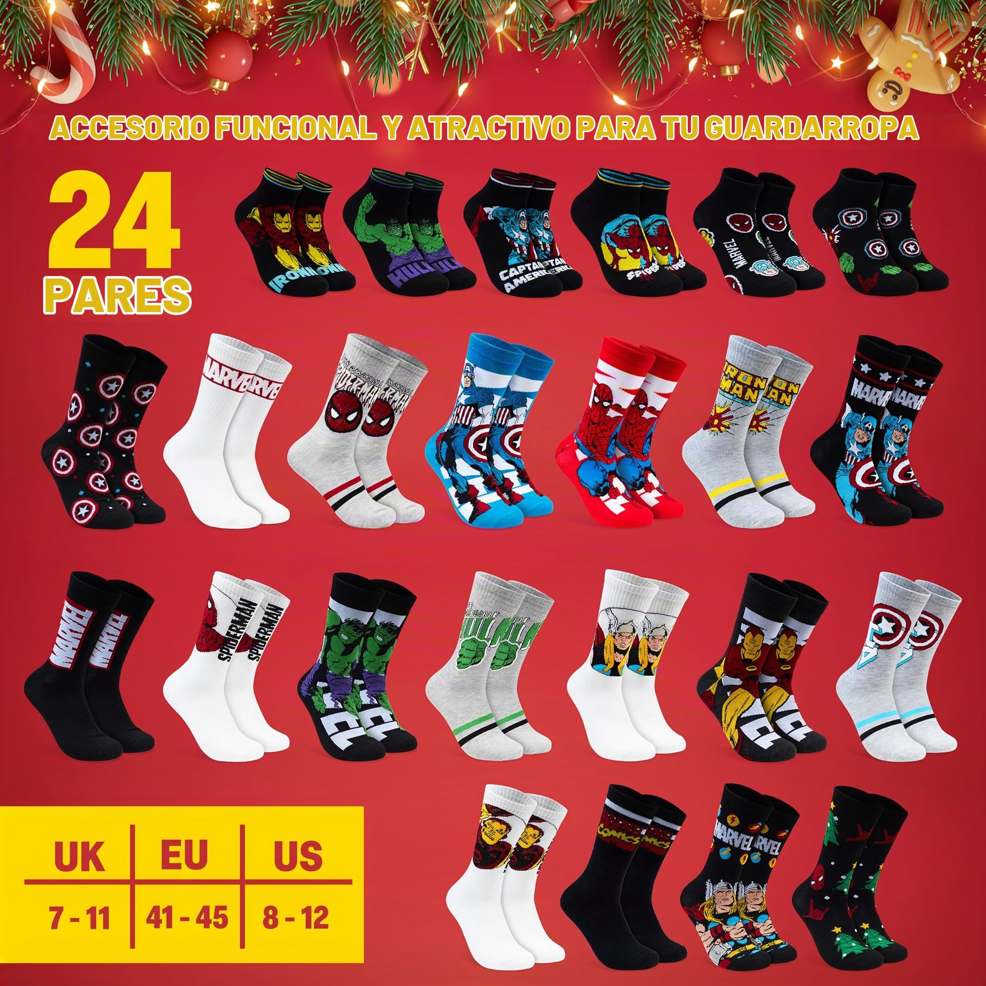 Get Trend Marvel Calendario Adviento 2025 con 24 Calcetines Hombre, 41-45, Diseños de Superhéroes Spiderman, Hulk, Thor y Más, Regalo Friki Hombre