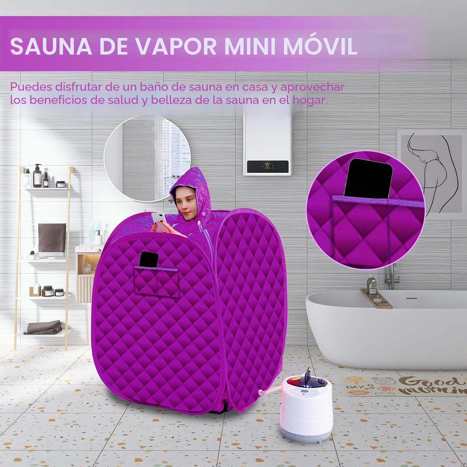 Sauna a Vapor Portátil, 1500W Mini Sauna de Vapor con Telemando, 5-95 Min Temporizador, Temperatura Ajustable en 9 Niveles, Cabina Sauna a Vapor Móvil Spa Personal en Casa