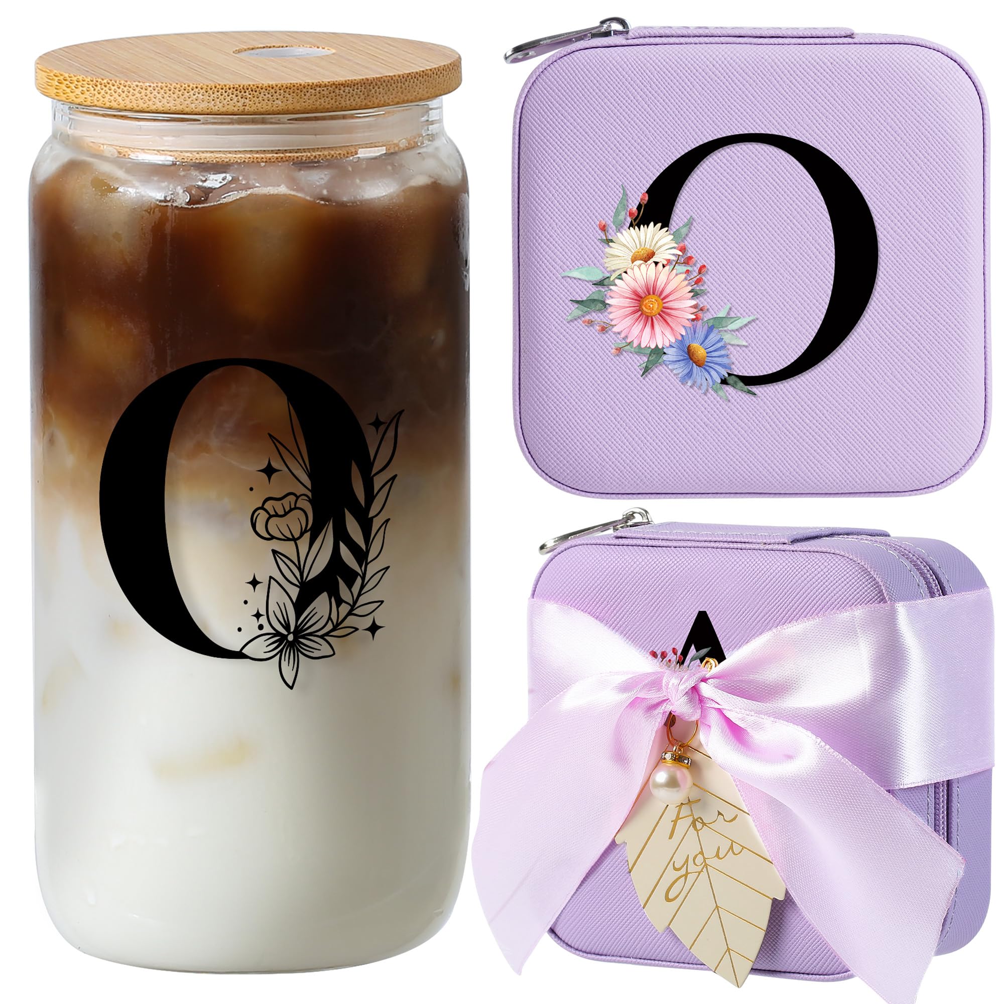 AYGXU Initial glass cups with bamboo lids,Travel Jewelry Case for Women Girls,Travel Jewelry Case Jewelry Box Organizer,coffee cups,Travel Gifts for Women Travel Essentials,Initial O purple