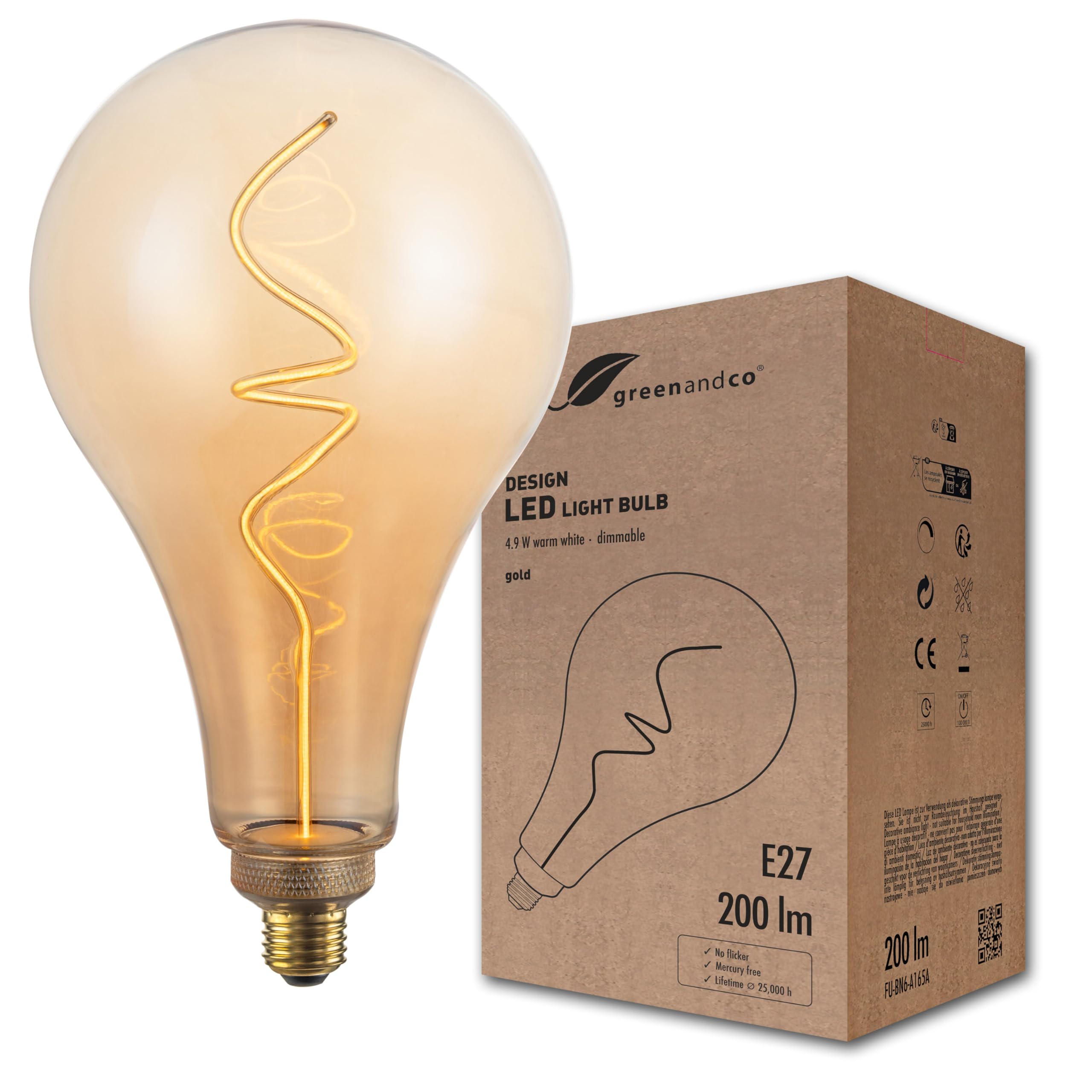 greenandco lampadina LED design vintage per illuminazione ambientale | dimmerabile | E27 A165 | 4,9W 200lm | 1800K (bianco molto caldo) | 320° | 230V | ambra | senza sfarfallio