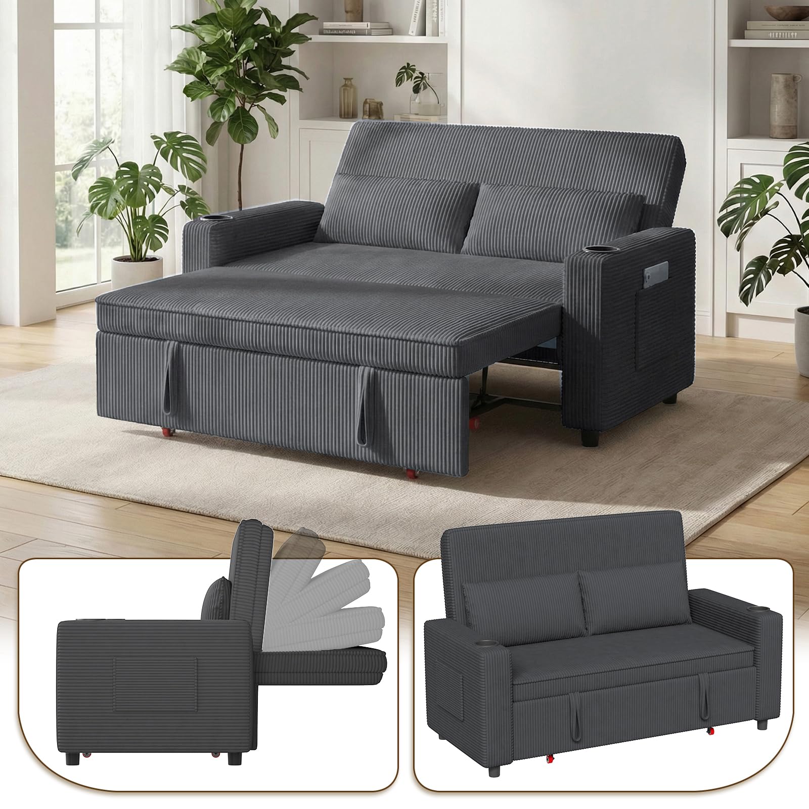 Devoko 2-Sitzer Schlafsofa, Modernes Sofa mit Schlaffunktion, Ausziehbare Schlafcouch mit Verstellbarer Rückenlehne, Platzsparendes Klappsofa für Wohnzimmer