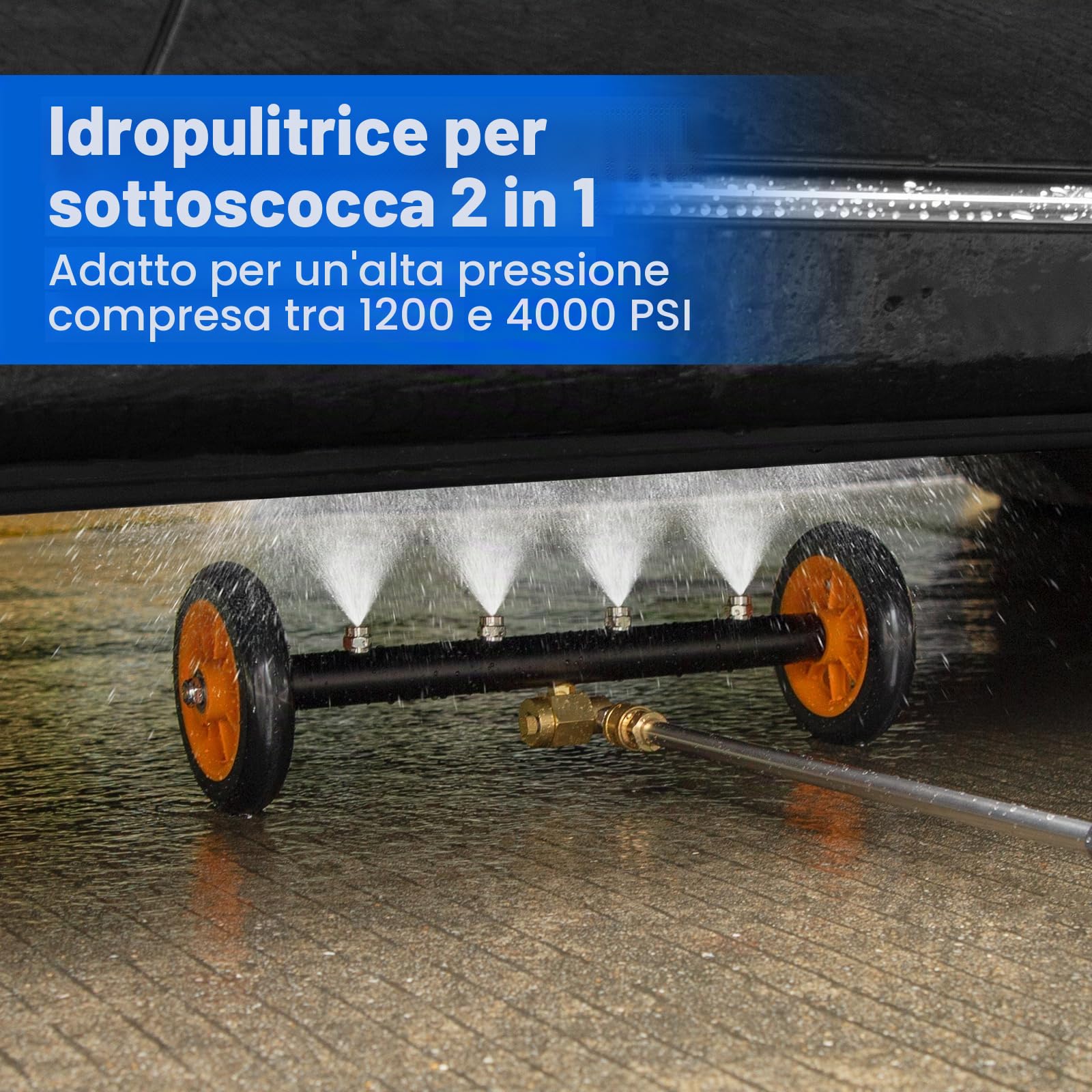 Scopa ad acqua per idropulitrice 2in1, pulitore per sottoscocca 16 pollici | Rondella ad alta pressione per auto con la spazzola del mozzo, pulitore di superficie 1200-4000 PSI