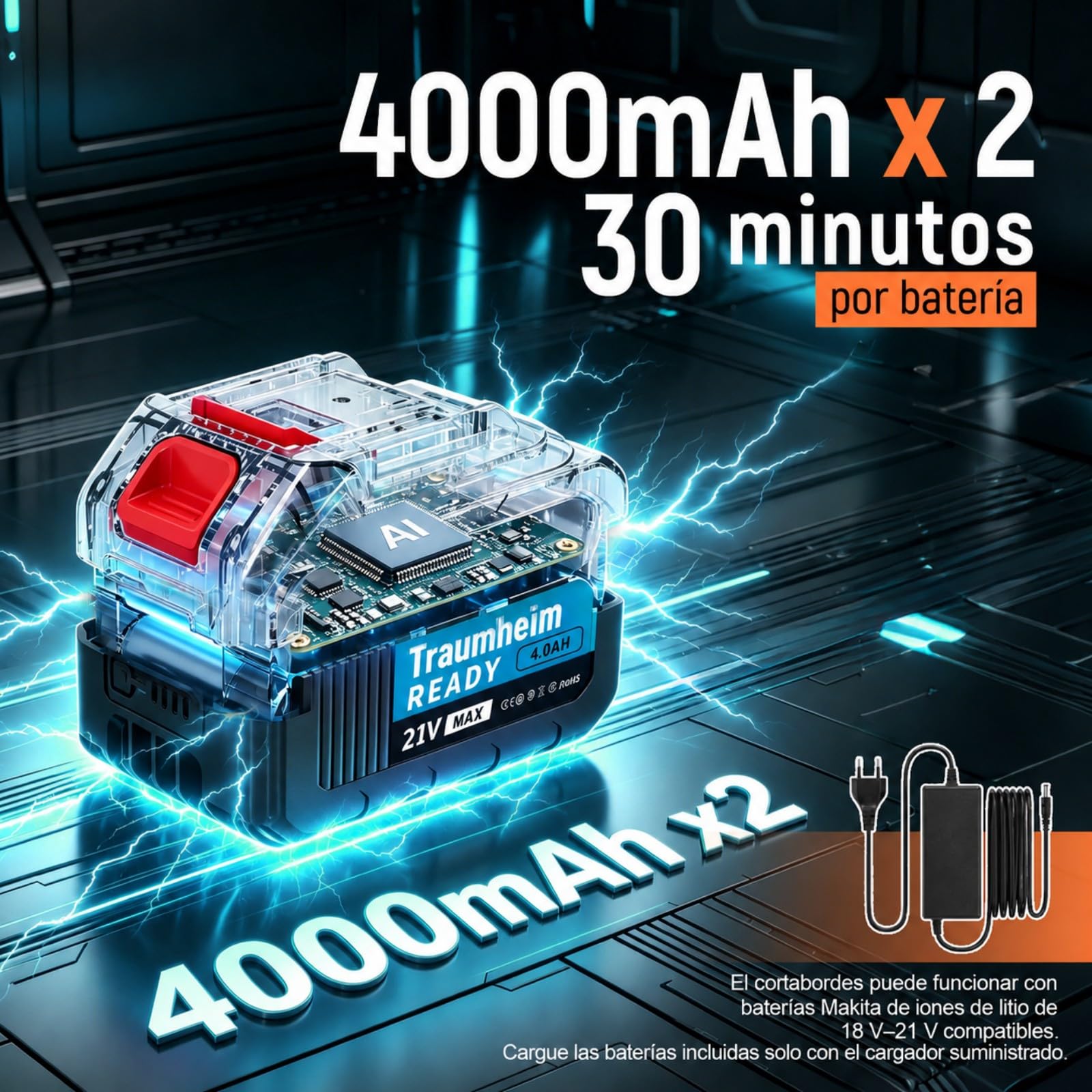 Recortador inalámbrico Traumheim 4-en-1 para Makita 950W | Motor sin escobillas, cepillo para malezas de 15 cm, sistema Tap&Go, tubo alargado, incluye 2 baterías de 4,0 Ah