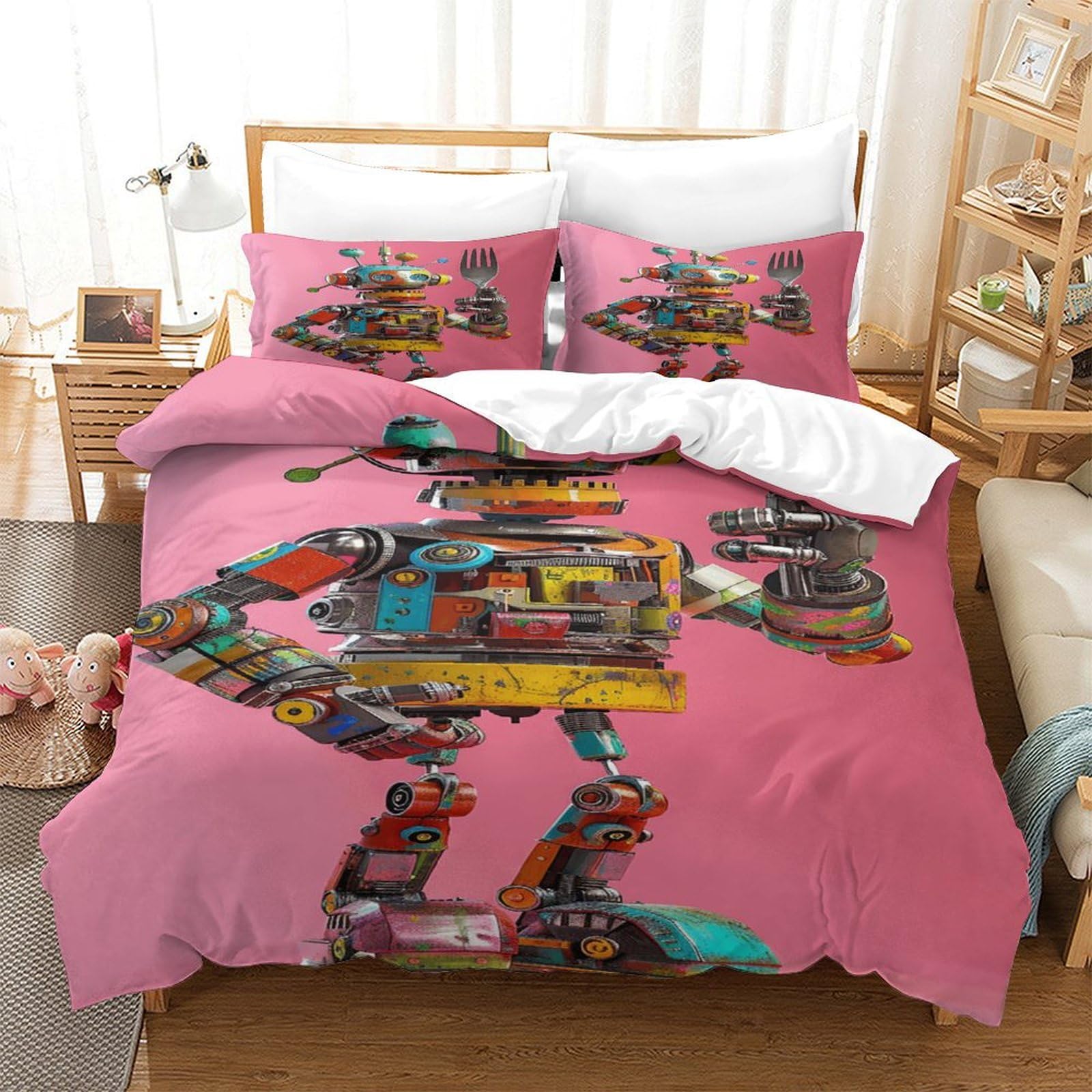 P1S9U7W5Y Graffiti Style 3D Printed Duvet Cover Set 3pcs Microfiber Pink Mecha Bedding Set for Bedroom Double（200x200cm）