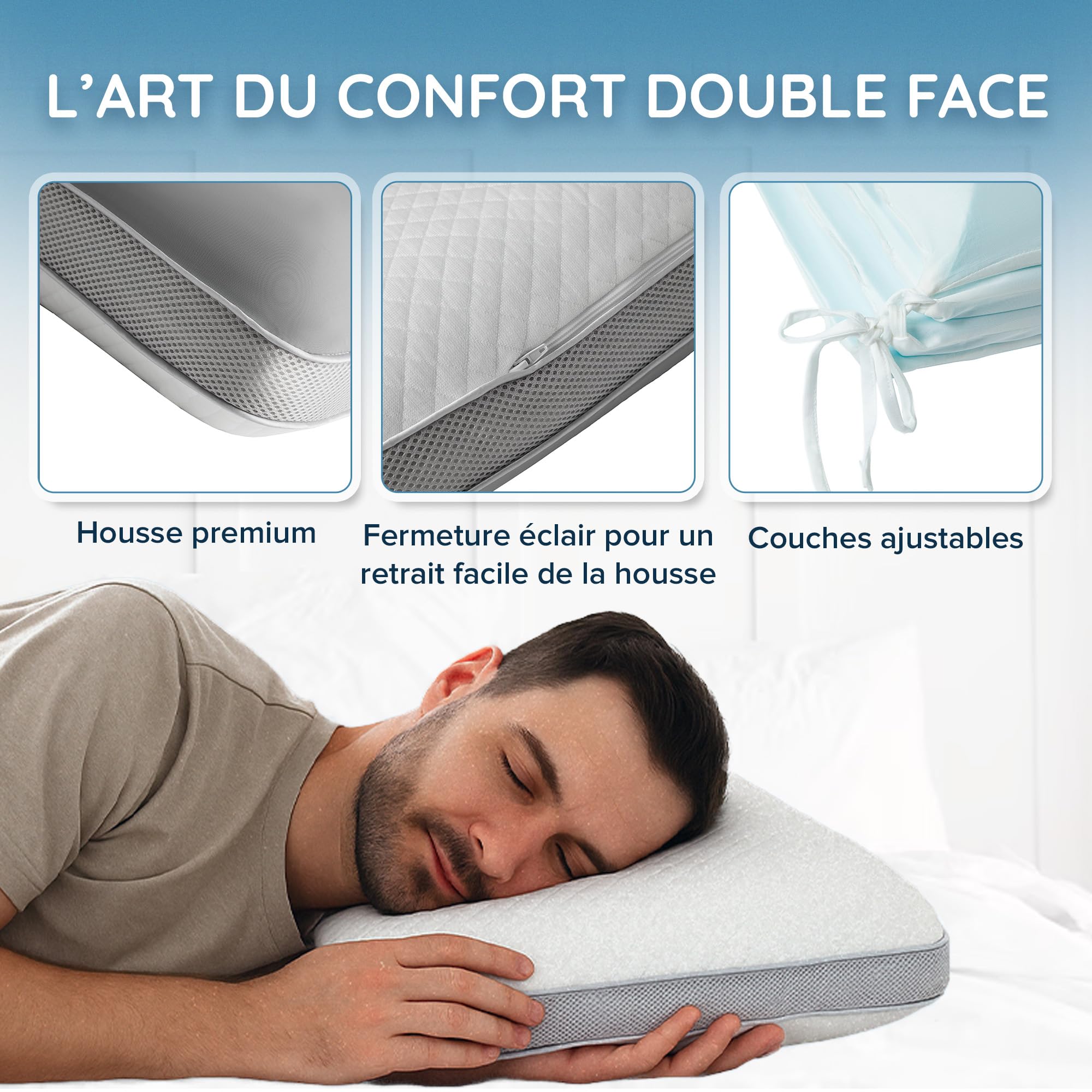 Cuscino ergonomico Cervical in Memory Foam | Altezza regolabile | Doppio lato bambù & freschezza | per schienale, lato, pancia, fodera lavabile a 30 °C