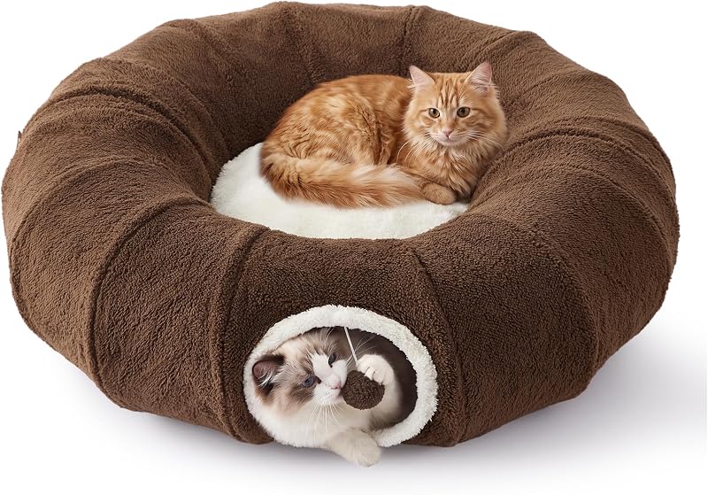 Túnel-cama para gatos ZOMISIA com almofada removível e bolas interativas, marrom