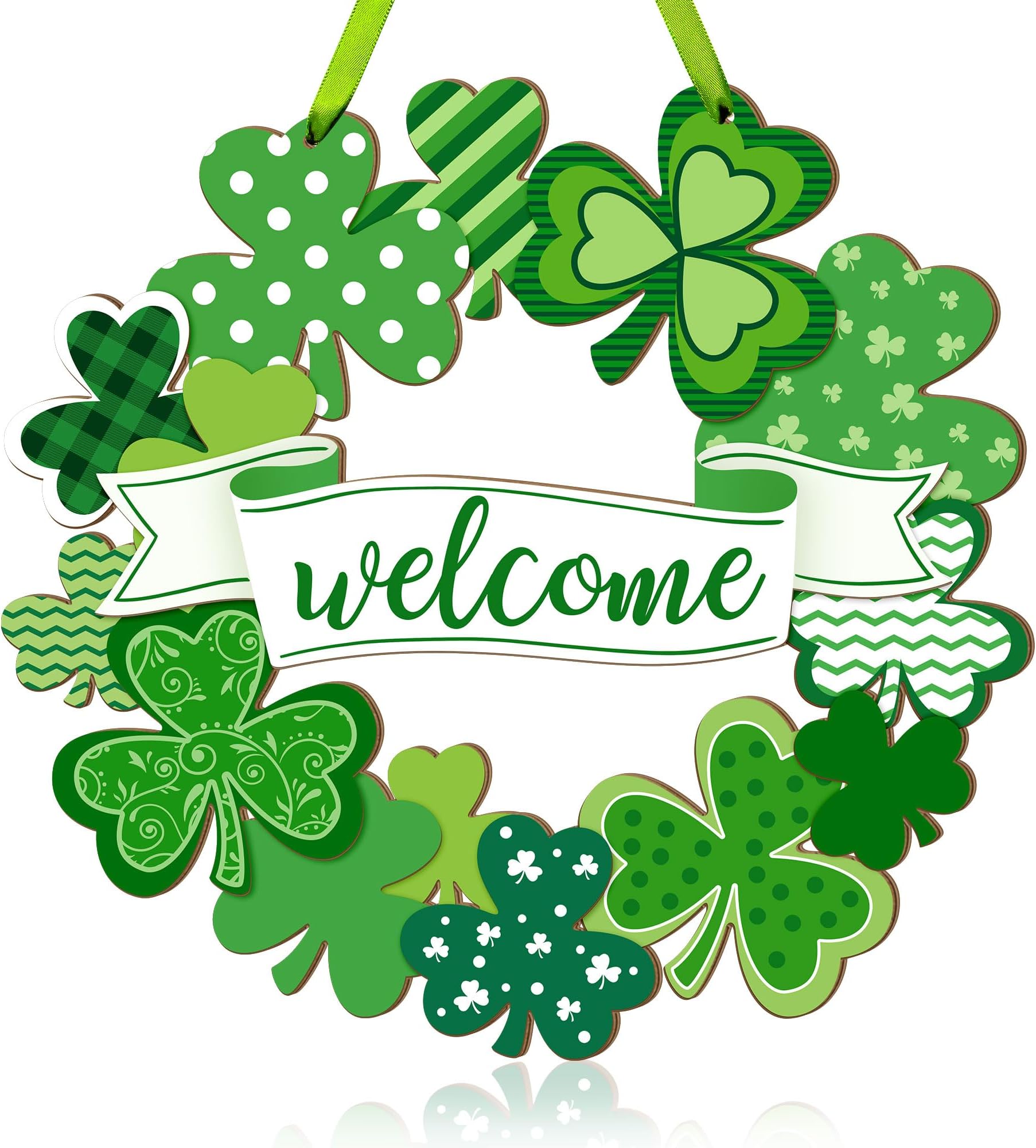 St. Patrick's Day Shamrock Door Sign, Shamrocks Welcome Wooden Hanging Sign Lucky Irish Ornament Wood Wreath for Happy St. Patrick's Day Party Front Door Wall Home Decorations with Rope and Bow
