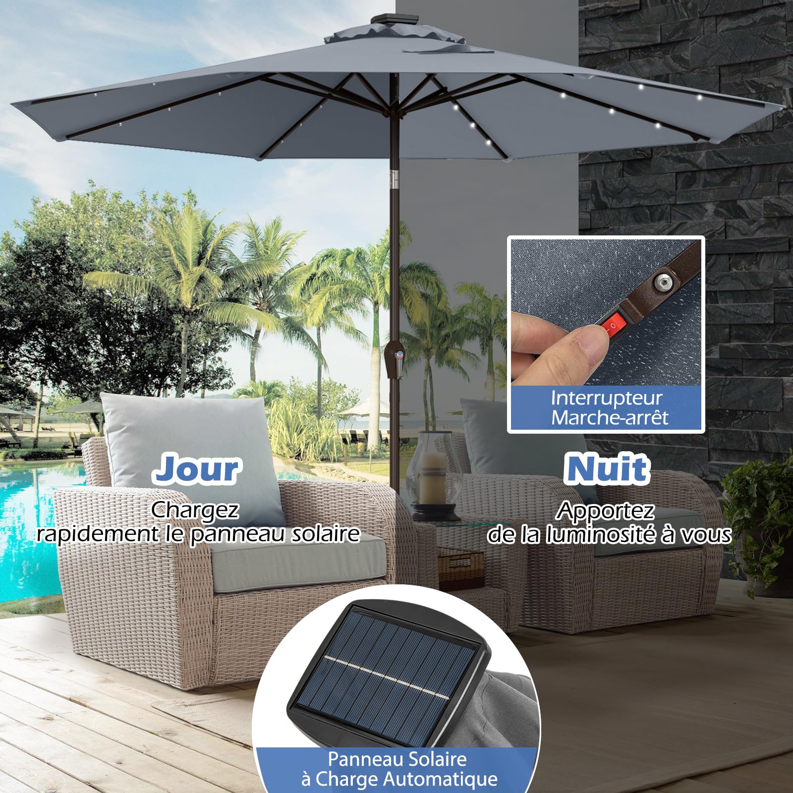 RELAX4LIFE Parasol Inclinable LED 3M à 8 Baleines en Fibre de Verre, Gris