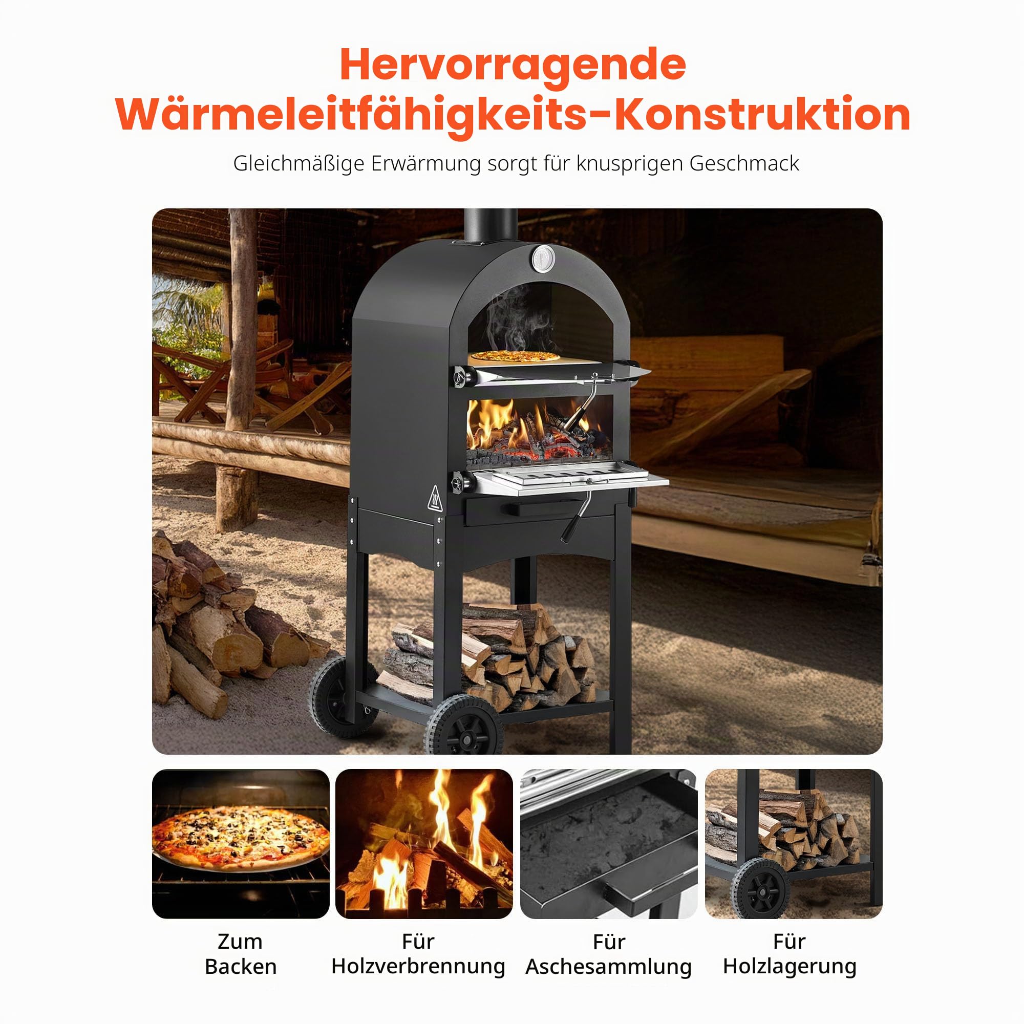 VEVOR Pizzaofen 12 Zoll Pelletöfen, 2-lagiger Holzfeuerung Outdoor mit 2 Rädern, 540 °C