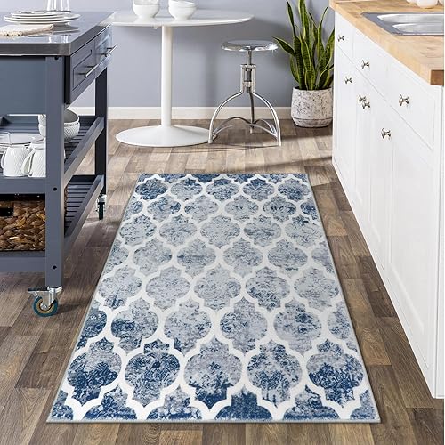 Miniatura 1 de Lahome Alfombra marroquí lavable para dormitorio, de 3 x 5 pies, para sala de estar, ultra fina, geométrica, enrejado, azul, para entrada, moderna,