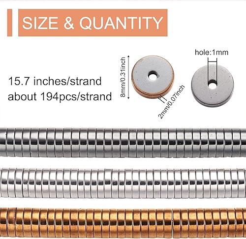Miniatura 5 de Pandahall - 570 cuentas electrochapadas Heishi disco, no magnéticas, 0.315 x 0.079in, planas, redondas, sintéticas, hematitas, para hacer joyas