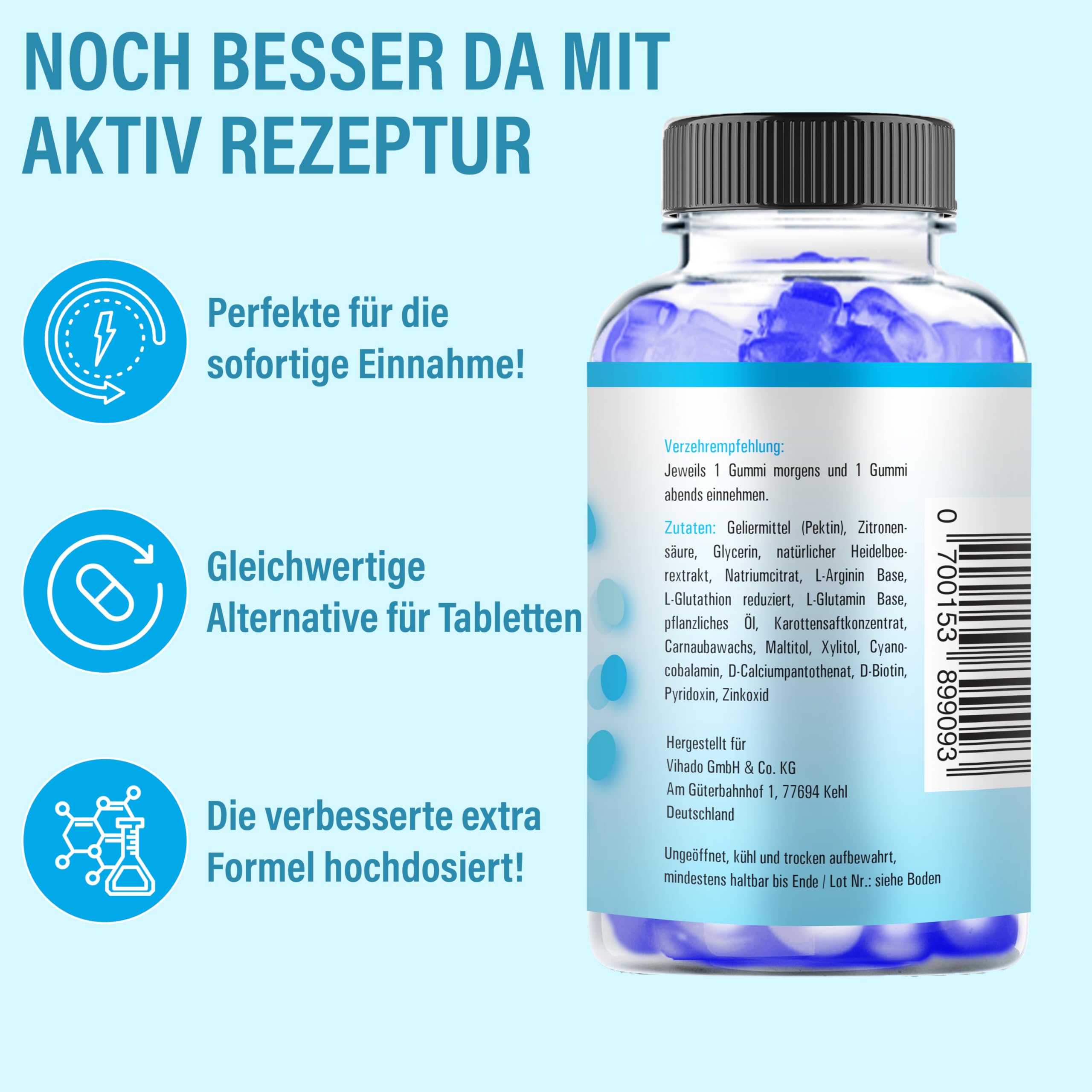 Vihado blaue Männer Gummies - Extra starke sofort Rezeptur hochdosiert - mit L-Arginin, L-Glutathion, L-Glutamin, 60 Gummies