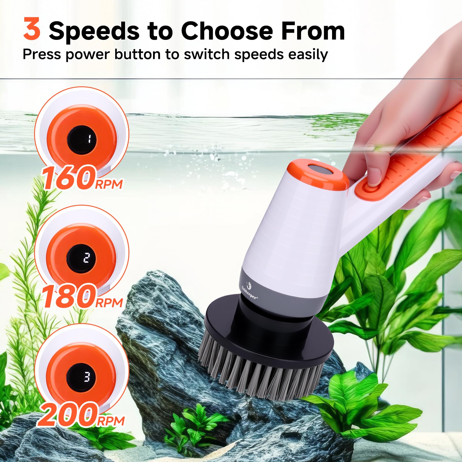fishkeeper Elektrischer Aquarium Scheibenreiniger mit 8 Aufsätzen, 2500mAh-Akku IPX9 Algen Entfernen Set, 18-100cm Verstellbarer Teleskopgriff, 3 Geschwindigkeiten für Aquarium Reinigung & Haushalt
