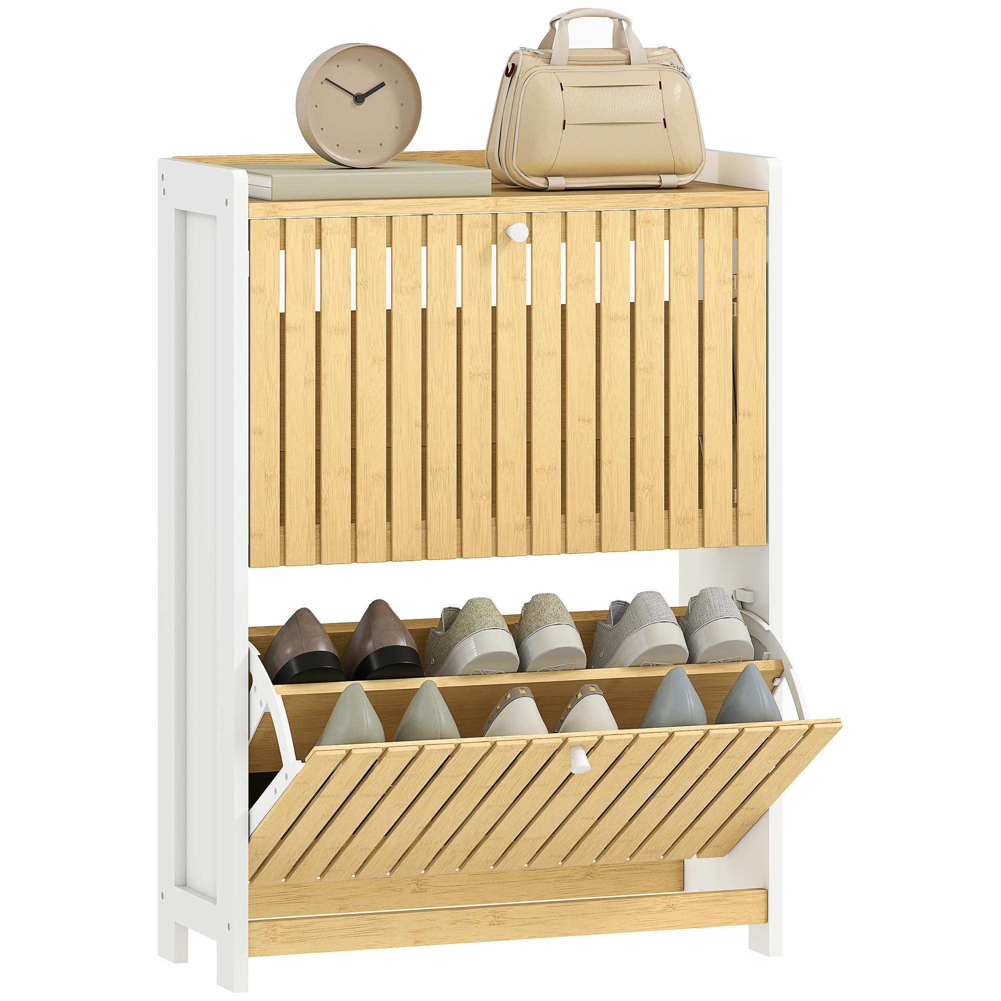 HOMCOM Zapatero Estrecho 2 Puertas de Bambú 60x24x82,5 cm Blanco y Natural | Listones, Zapatero Entrada Recibidor, Estantes Ajustables, 12 Pares de Zapatos