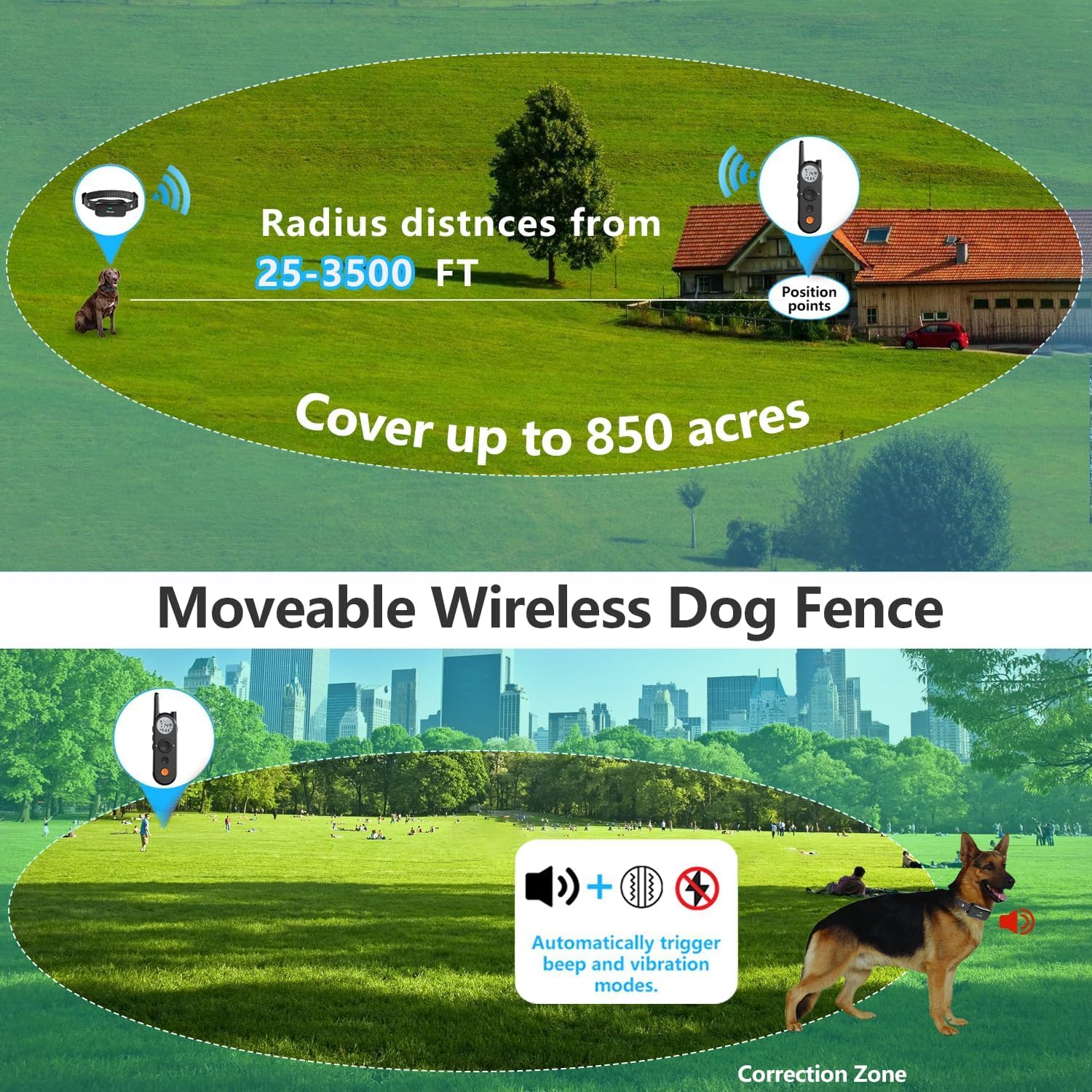 Htcuto X3 Wireless Dog Fence & Training Collar for 2 Dogs, 3500FT Adjustable Fence & 6100FT Remote Collar, IPX7 Waterproof, 185 Days Standby Rechargeable Battery, 3 Training Modes, 10-130 lbs